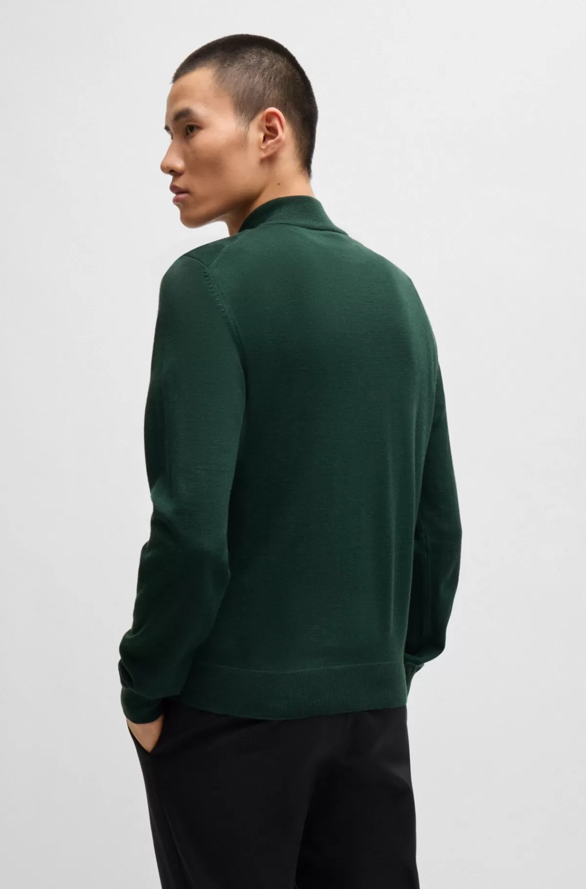 HUGO BOSS Regular Fit Sweater I Ny Uld Med Lynlås I Halsen Mørkegrøn Hot