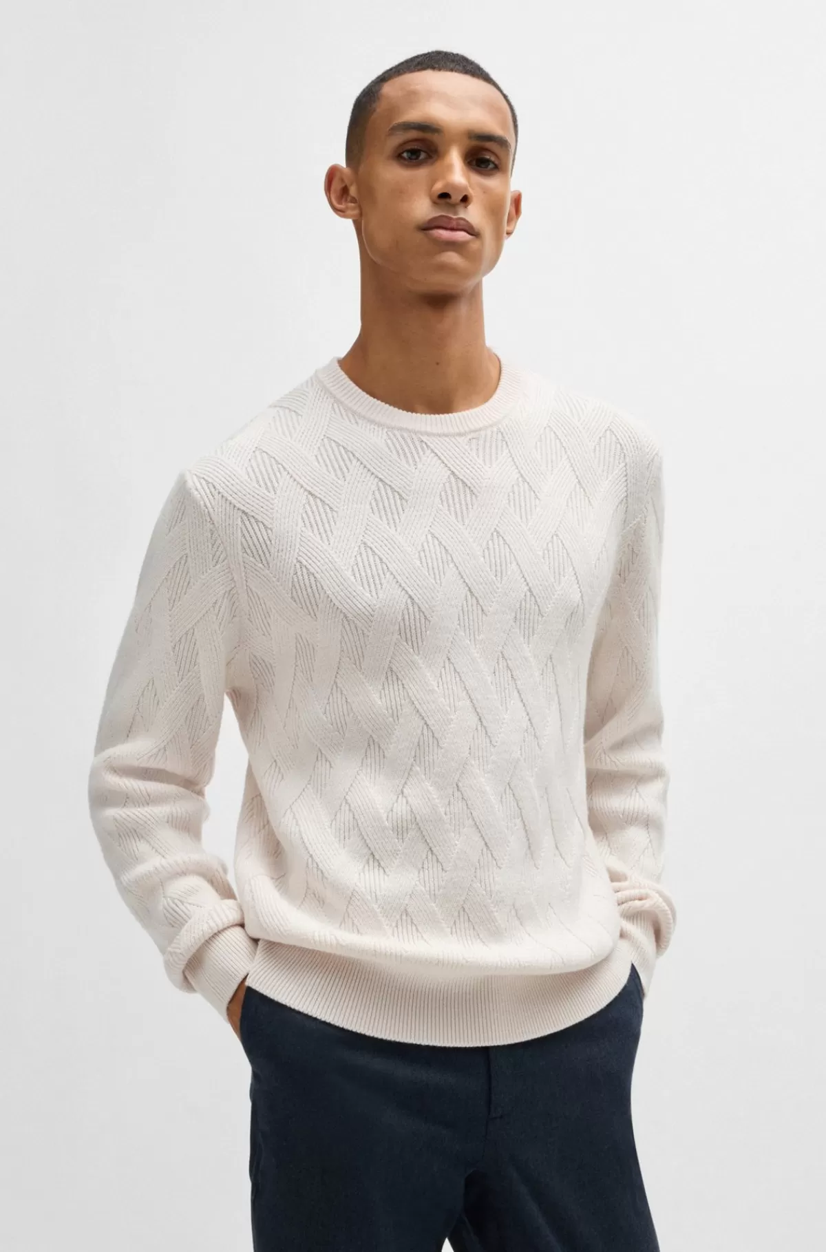 HUGO BOSS Regular Fit Sweater I Ny Uld Med Strikket Struktur Hvid Online
