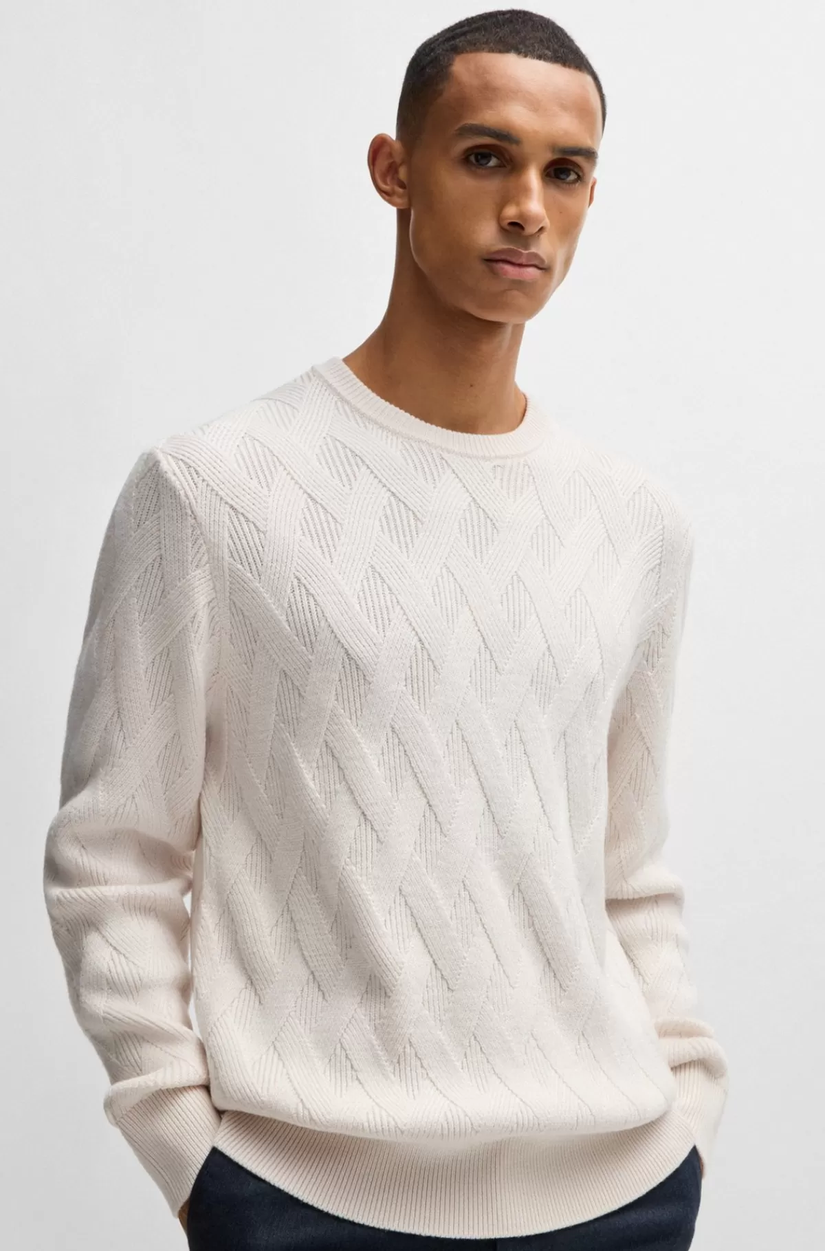 HUGO BOSS Regular Fit Sweater I Ny Uld Med Strikket Struktur Hvid Online