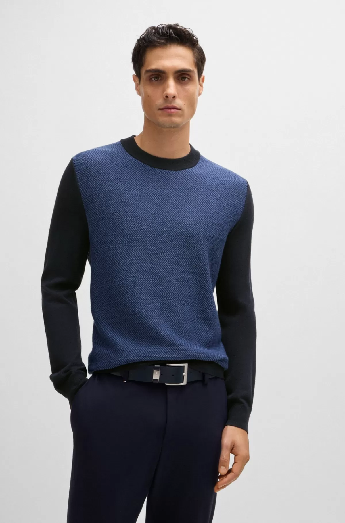HUGO BOSS Regular Fit Sweater Med Sildebensstruktur Mørkeblå Clearance