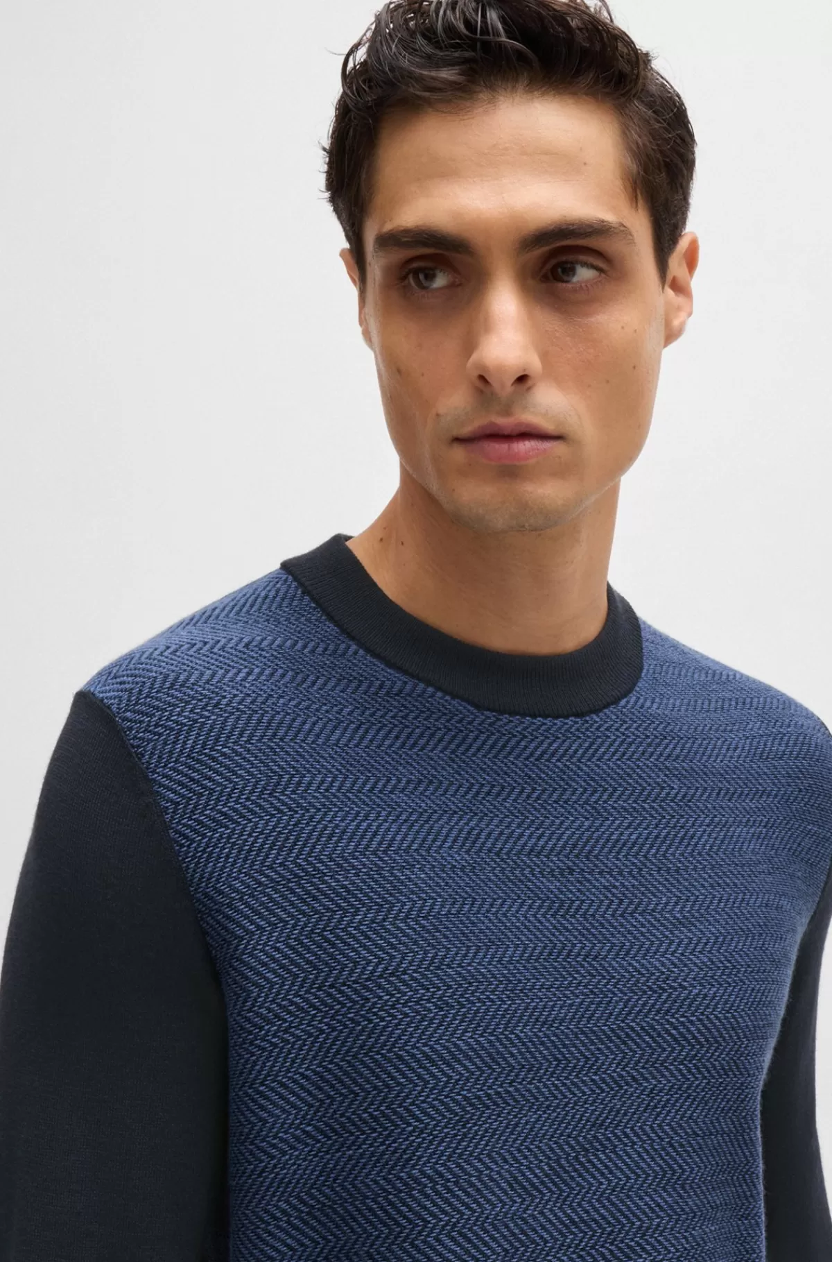 HUGO BOSS Regular Fit Sweater Med Sildebensstruktur Mørkeblå Clearance