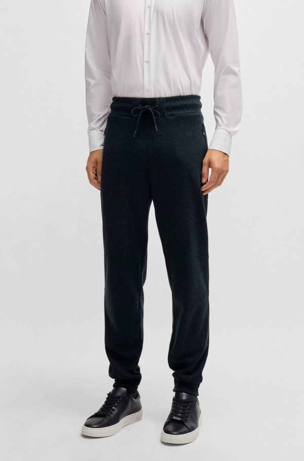 HUGO BOSS Regular Fit Tracksuit-bukser I Flannel Med Stræk Mørkeblå Best Sale