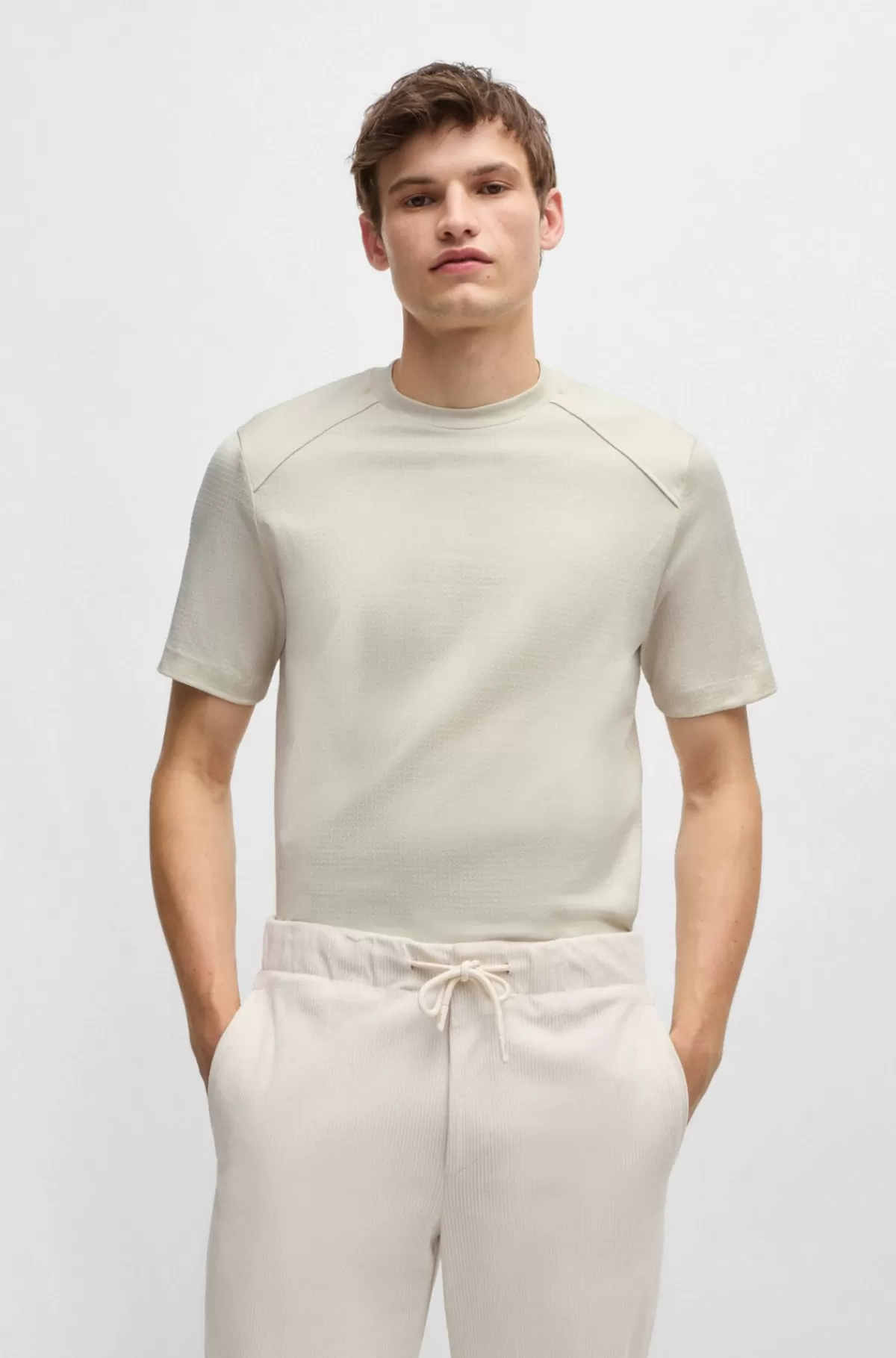 HUGO BOSS Regular Fit T-shirt I Bomuld Med Ripstopvævning Samt Ensfarvede Detaljer Naturlig Store
