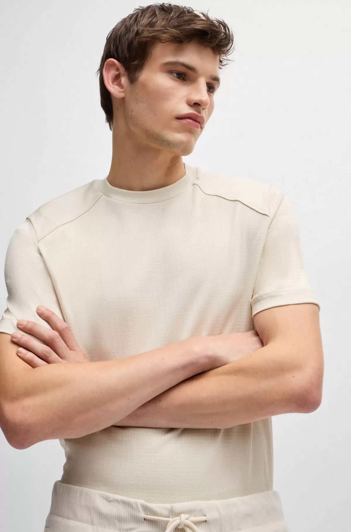 HUGO BOSS Regular Fit T-shirt I Bomuld Med Ripstopvævning Samt Ensfarvede Detaljer Naturlig Store