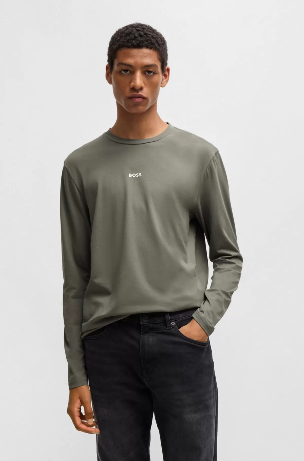 HUGO BOSS Regular Fit T-shirt I Bomuld Med Stræk Og Logo I Kontrastfarve Mørkegrå Cheap