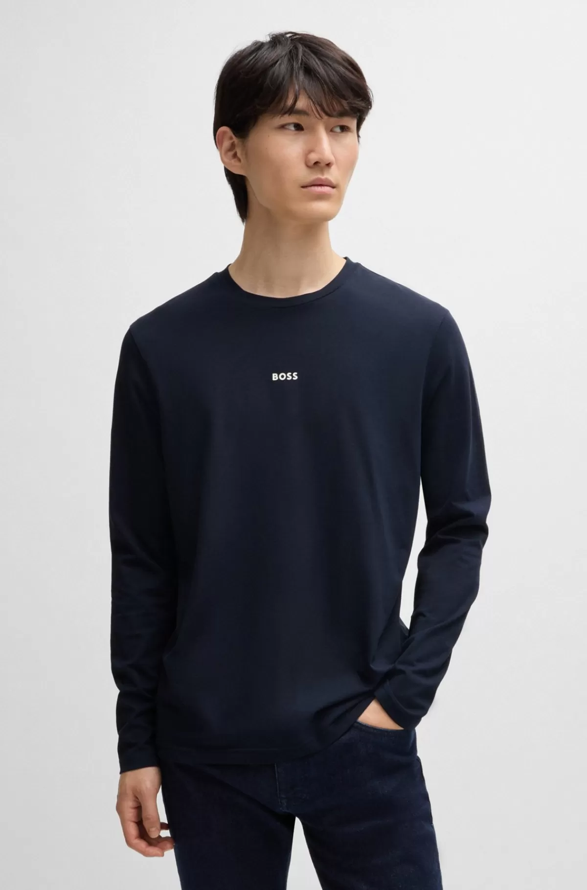 HUGO BOSS Regular Fit T-shirt I Bomuld Med Stræk Og Logo I Kontrastfarve Mørkeblå Cheap
