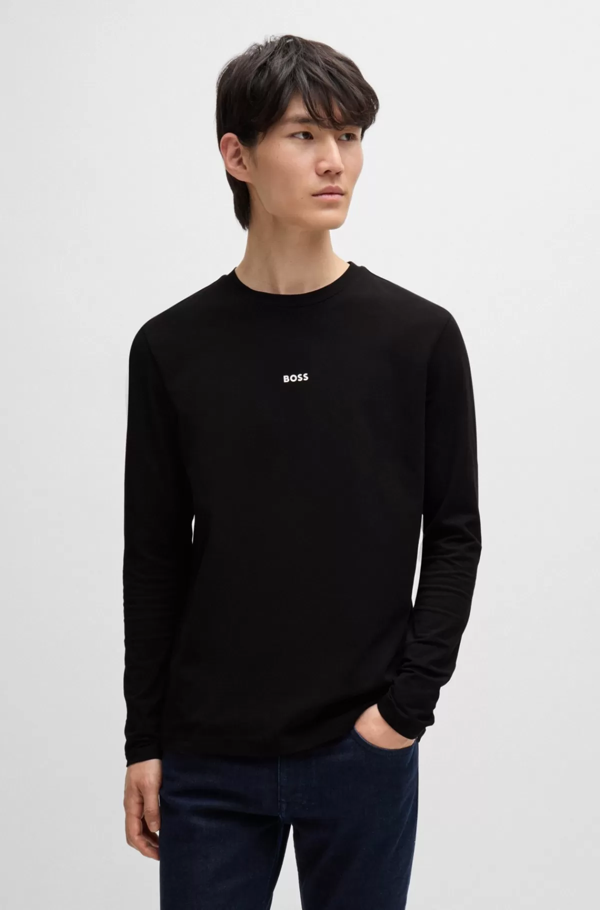 HUGO BOSS Regular Fit T-shirt I Bomuld Med Stræk Og Logo I Kontrastfarve Sort Store
