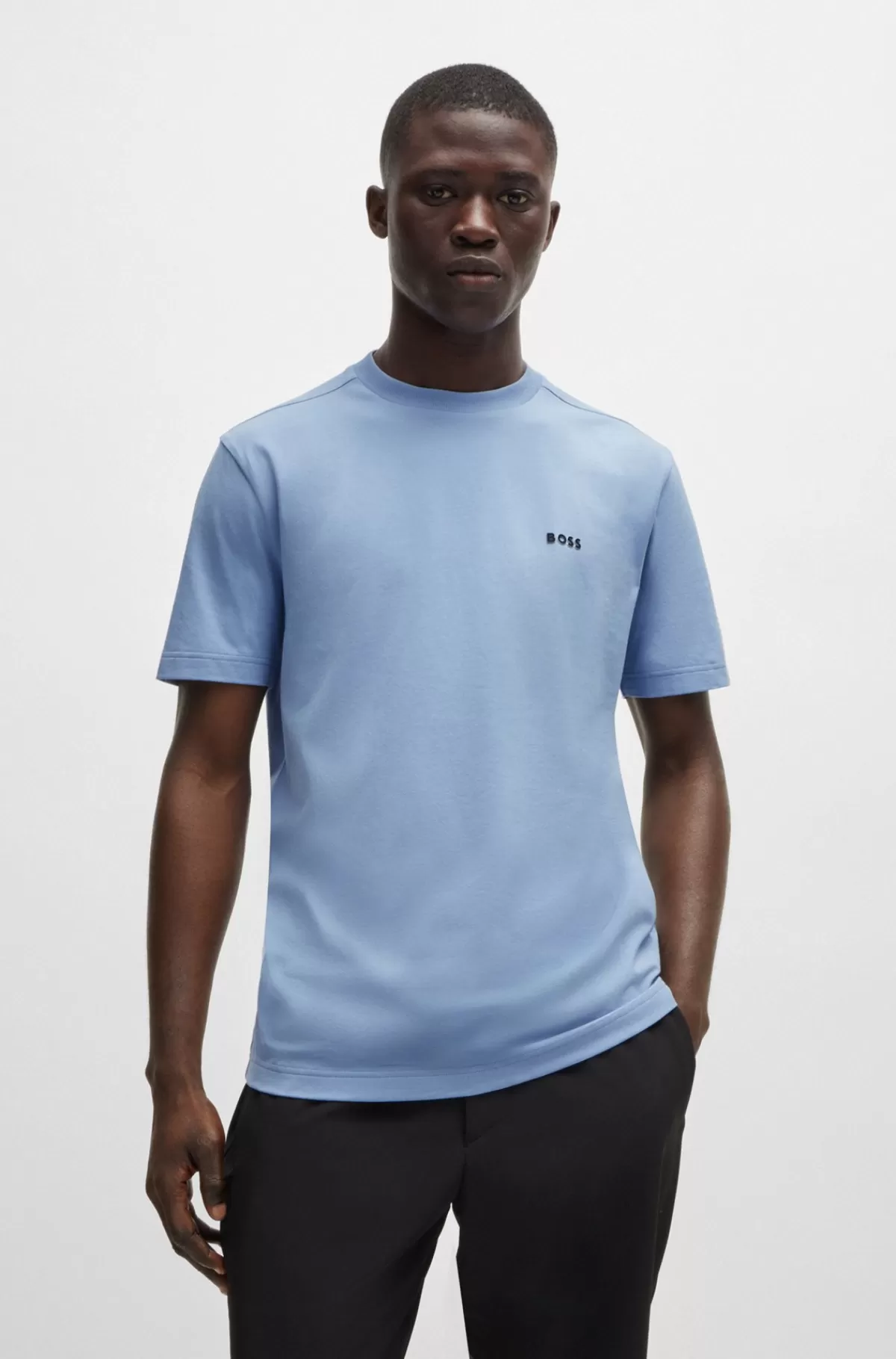 HUGO BOSS Regular Fit T-shirt I Bomuld Med Stræk Og Logo I Kontrastfarve Lyseblå Clearance