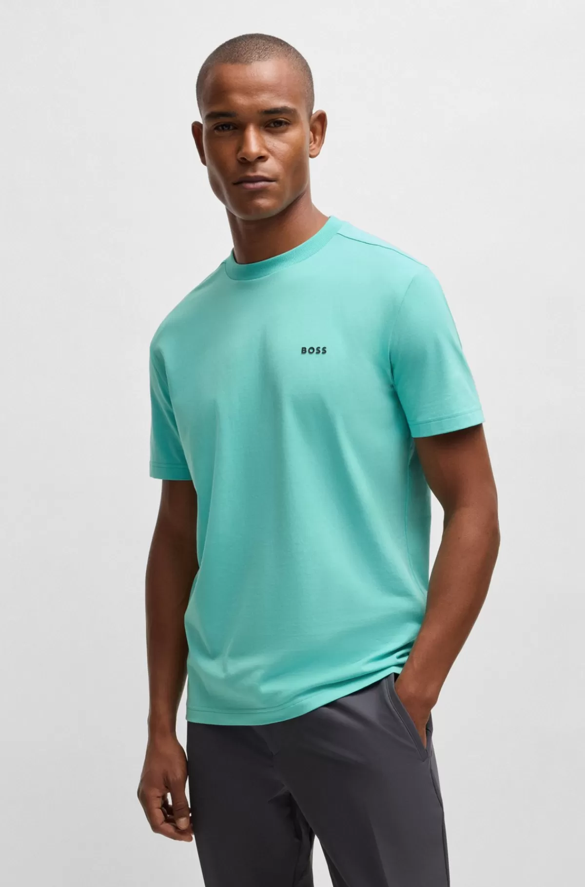 HUGO BOSS Regular Fit T-shirt I Bomuld Med Stræk Og Logo I Kontrastfarve Turkis Discount