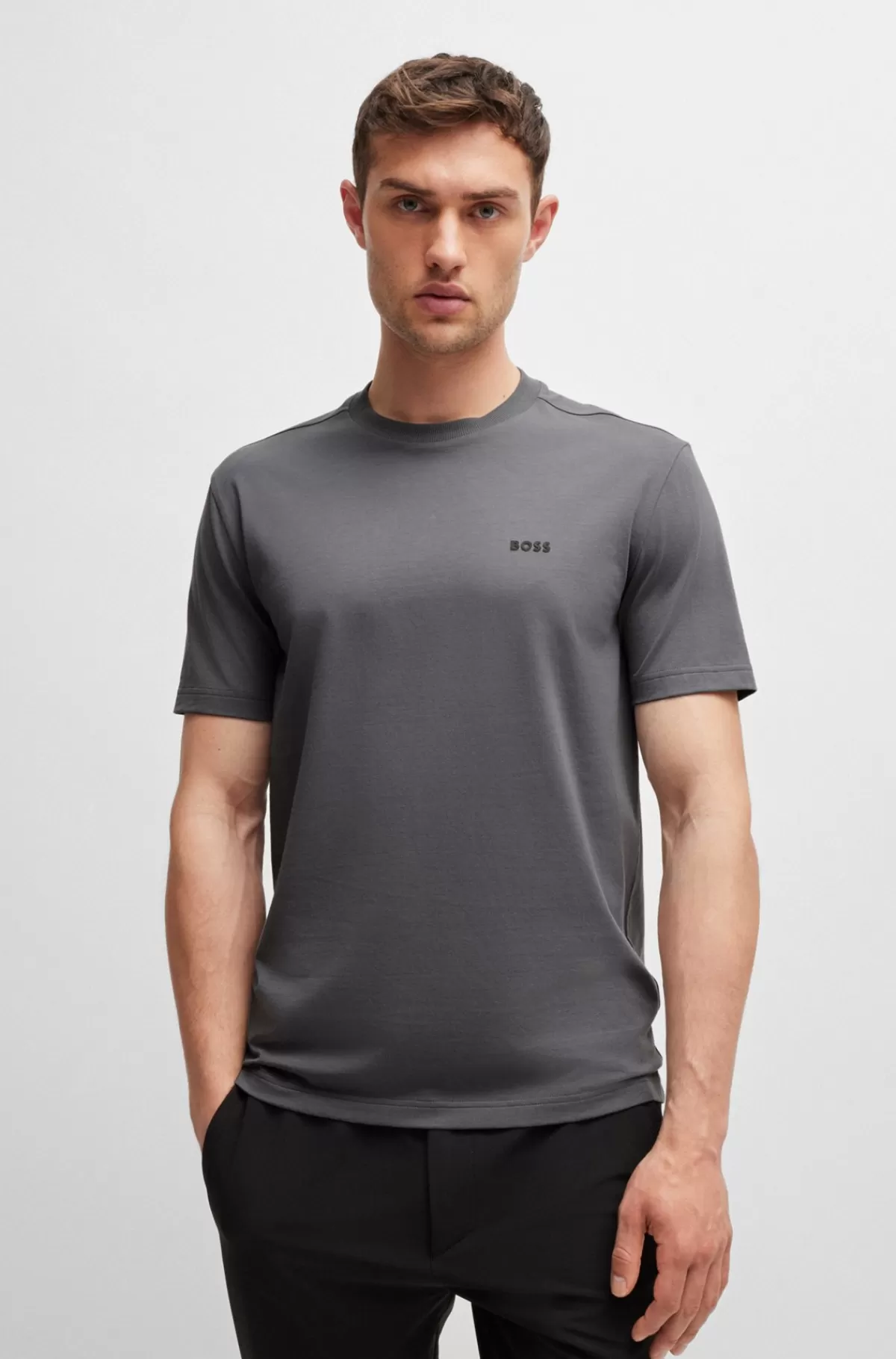 HUGO BOSS Regular Fit T-shirt I Bomuld Med Stræk Og Logo I Kontrastfarve Grå Online