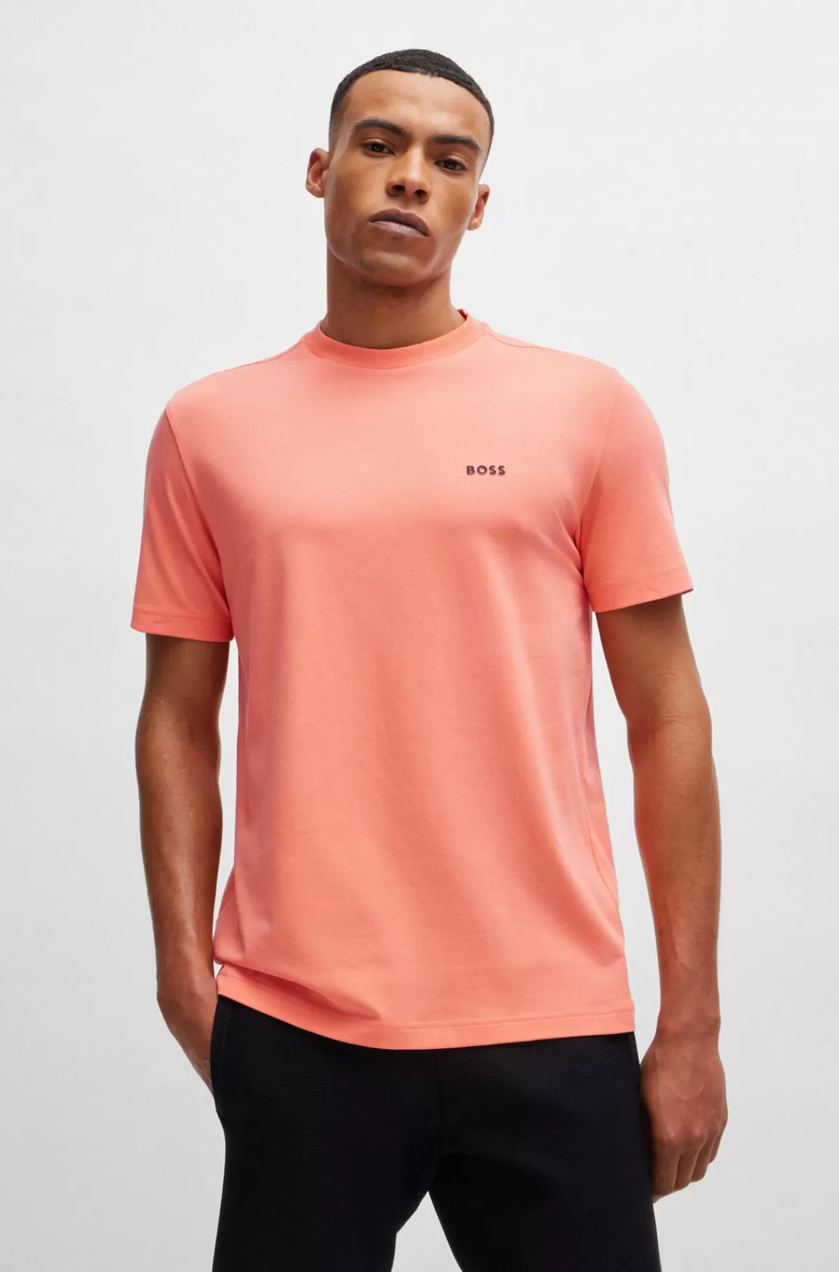 HUGO BOSS Regular Fit T-shirt I Bomuld Med Stræk Og Logo I Kontrastfarve Koralfarvet Hot
