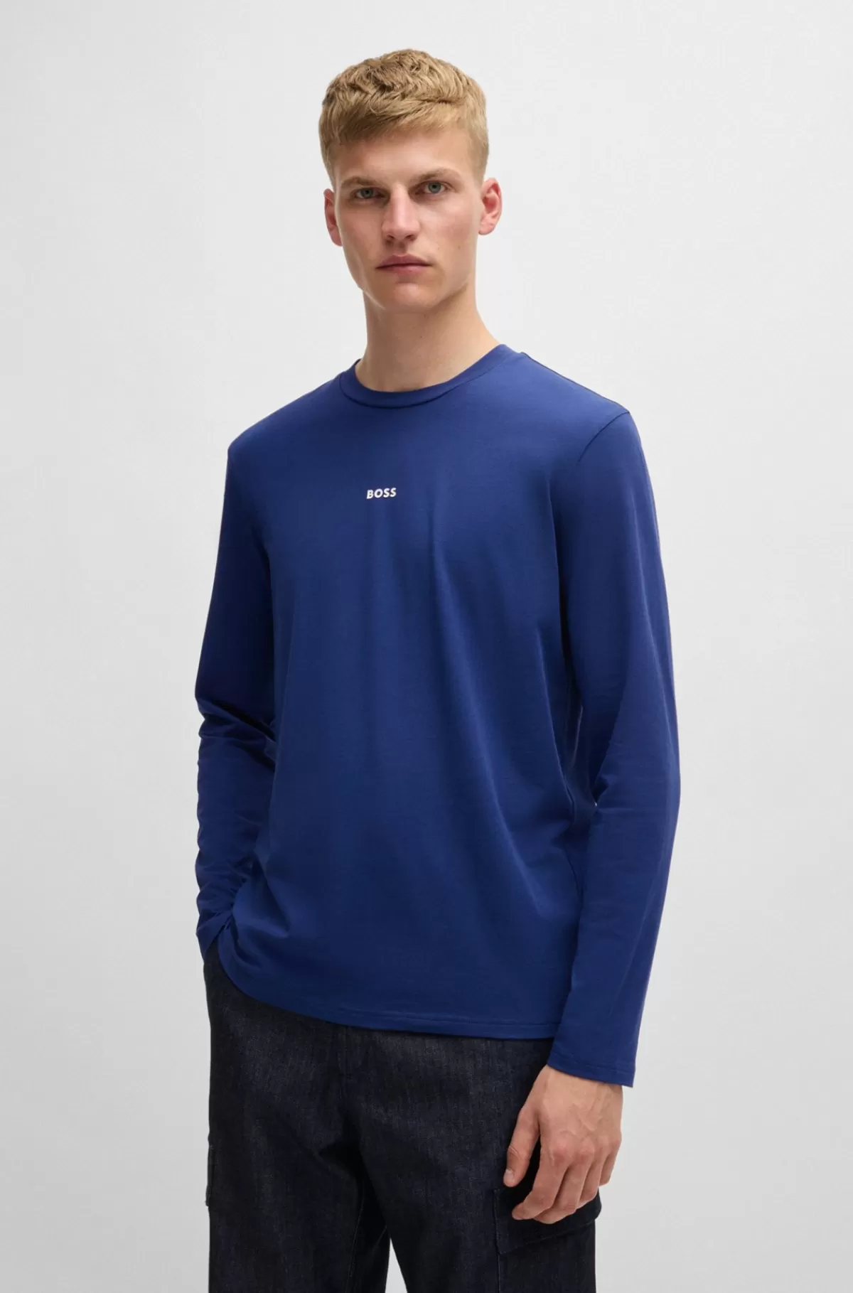 HUGO BOSS Regular Fit T-shirt I Bomuld Med Stræk Og Logo I Kontrastfarve Blå Best Sale