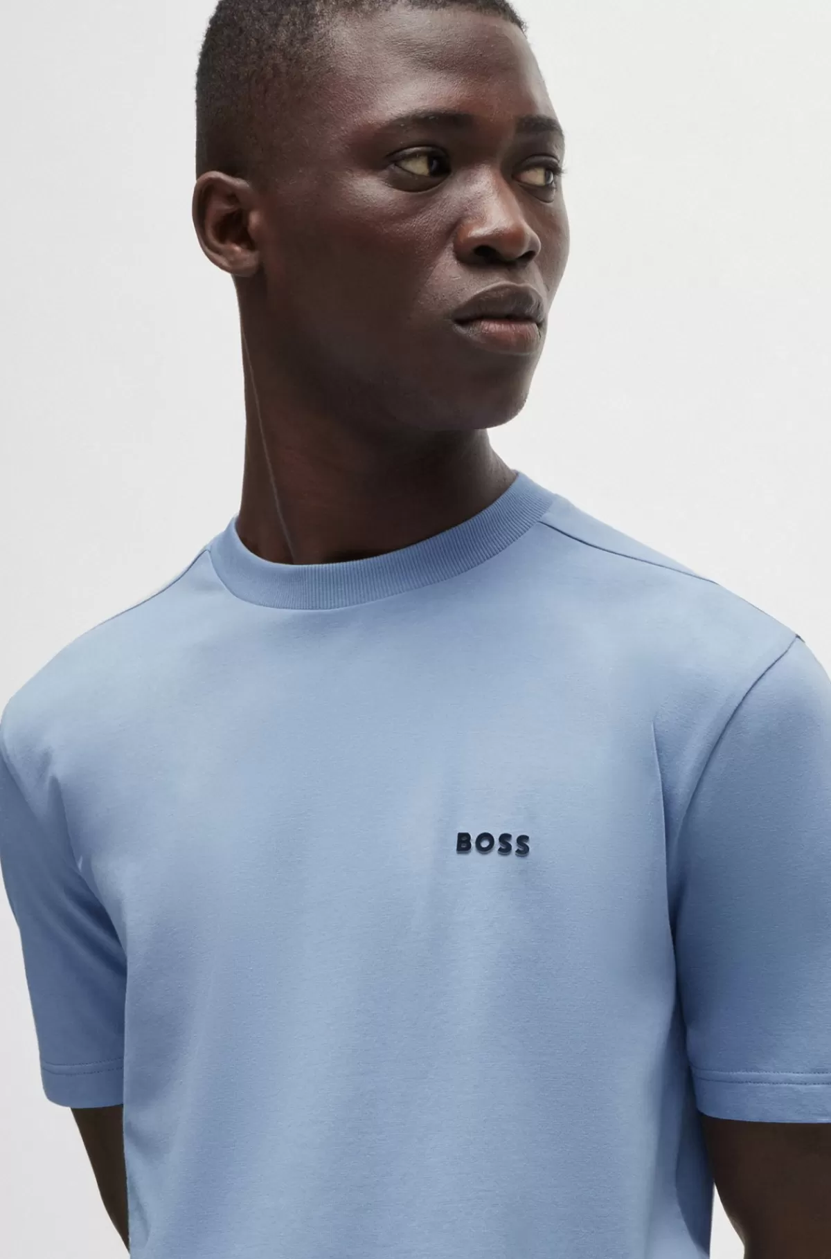HUGO BOSS Regular Fit T-shirt I Bomuld Med Stræk Og Logo I Kontrastfarve Lyseblå Clearance