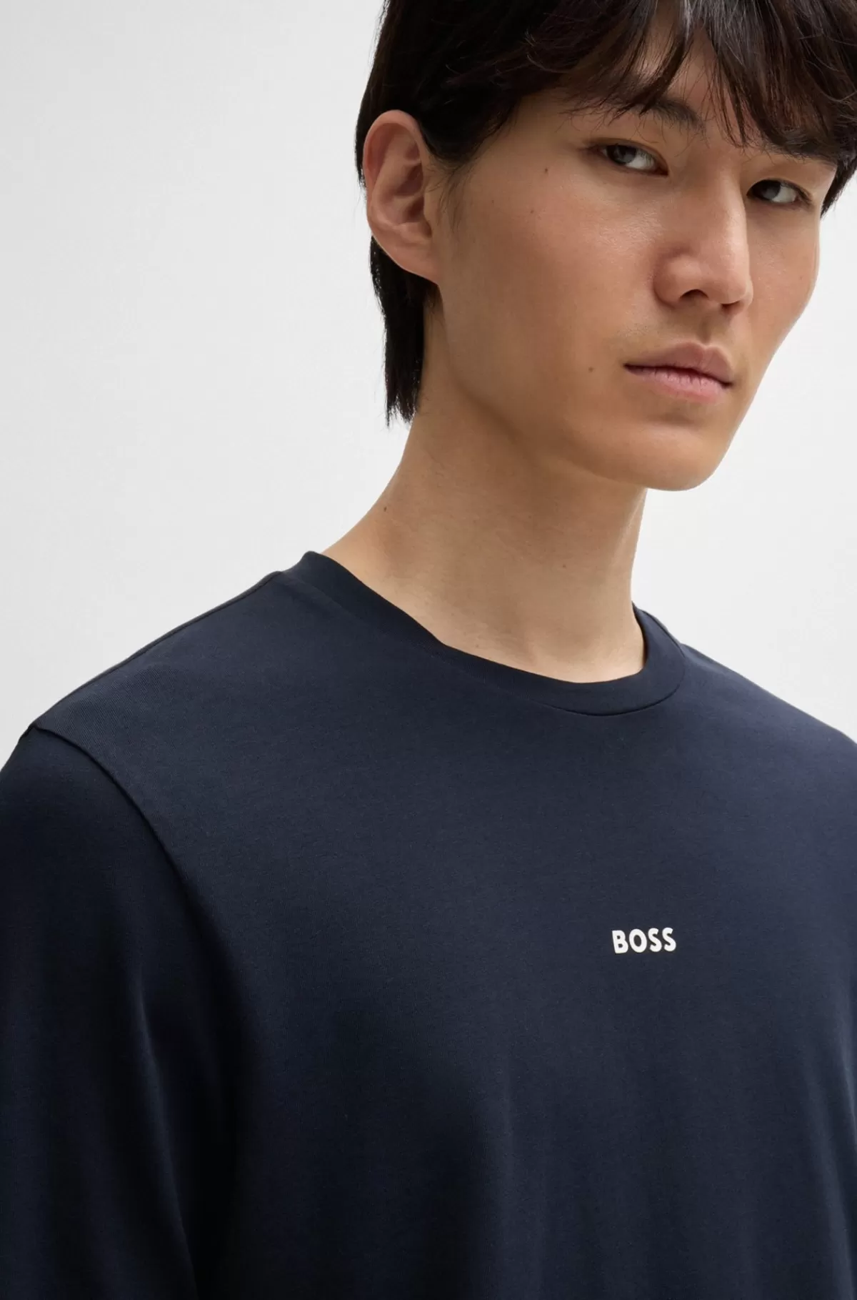 HUGO BOSS Regular Fit T-shirt I Bomuld Med Stræk Og Logo I Kontrastfarve Mørkeblå Cheap