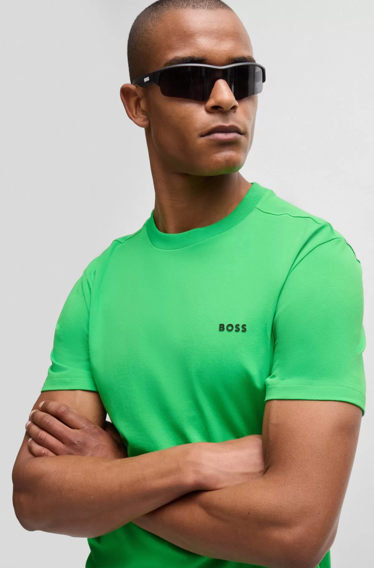 HUGO BOSS Regular Fit T-shirt I Bomuld Med Stræk Og Logo I Kontrastfarve Grøn Cheap