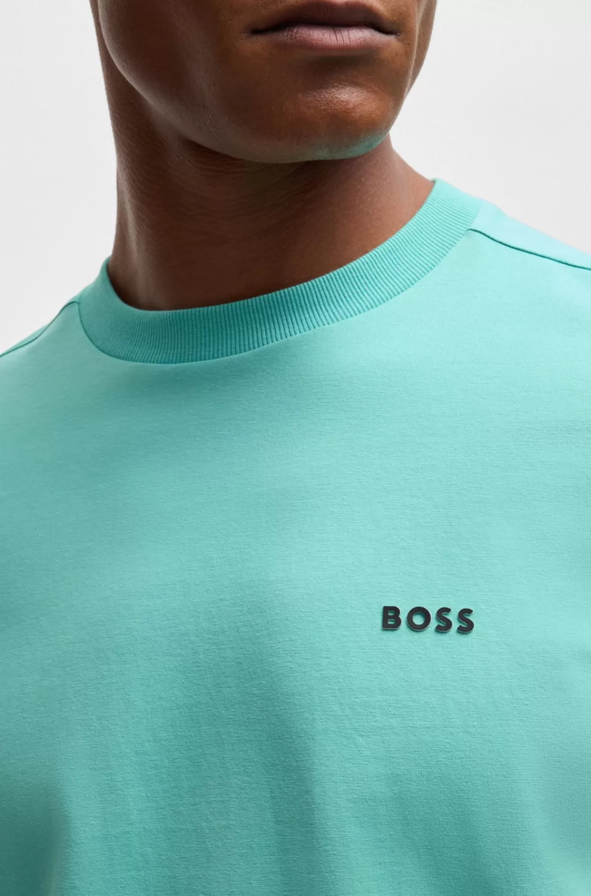 HUGO BOSS Regular Fit T-shirt I Bomuld Med Stræk Og Logo I Kontrastfarve Turkis Discount