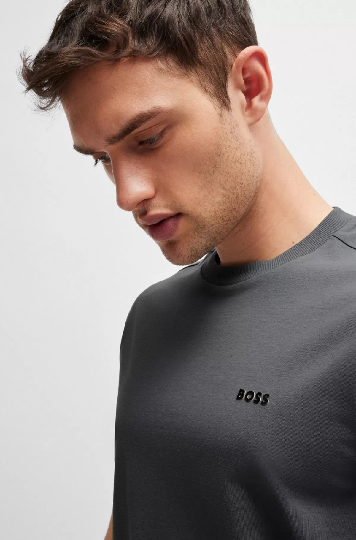 HUGO BOSS Regular Fit T-shirt I Bomuld Med Stræk Og Logo I Kontrastfarve Grå Online