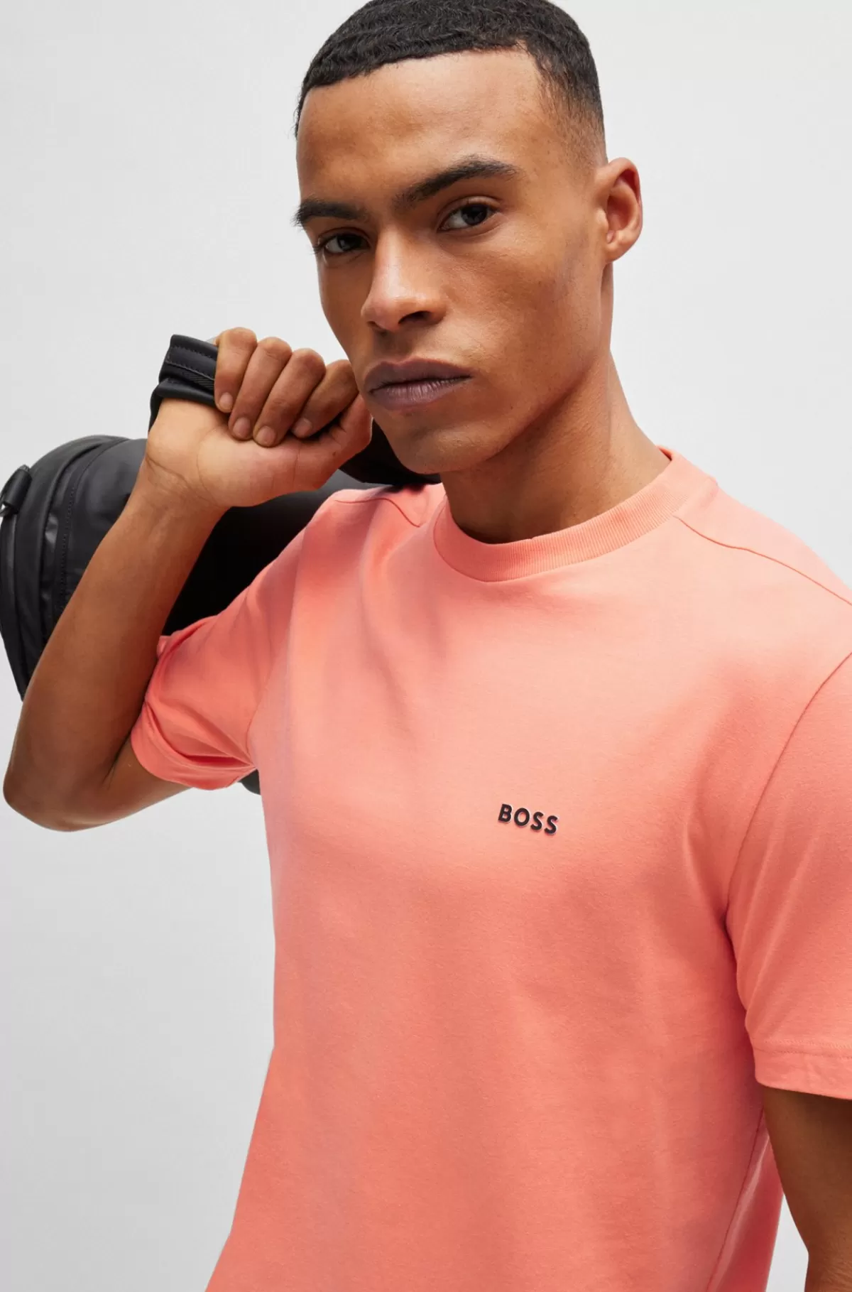 HUGO BOSS Regular Fit T-shirt I Bomuld Med Stræk Og Logo I Kontrastfarve Koralfarvet Hot