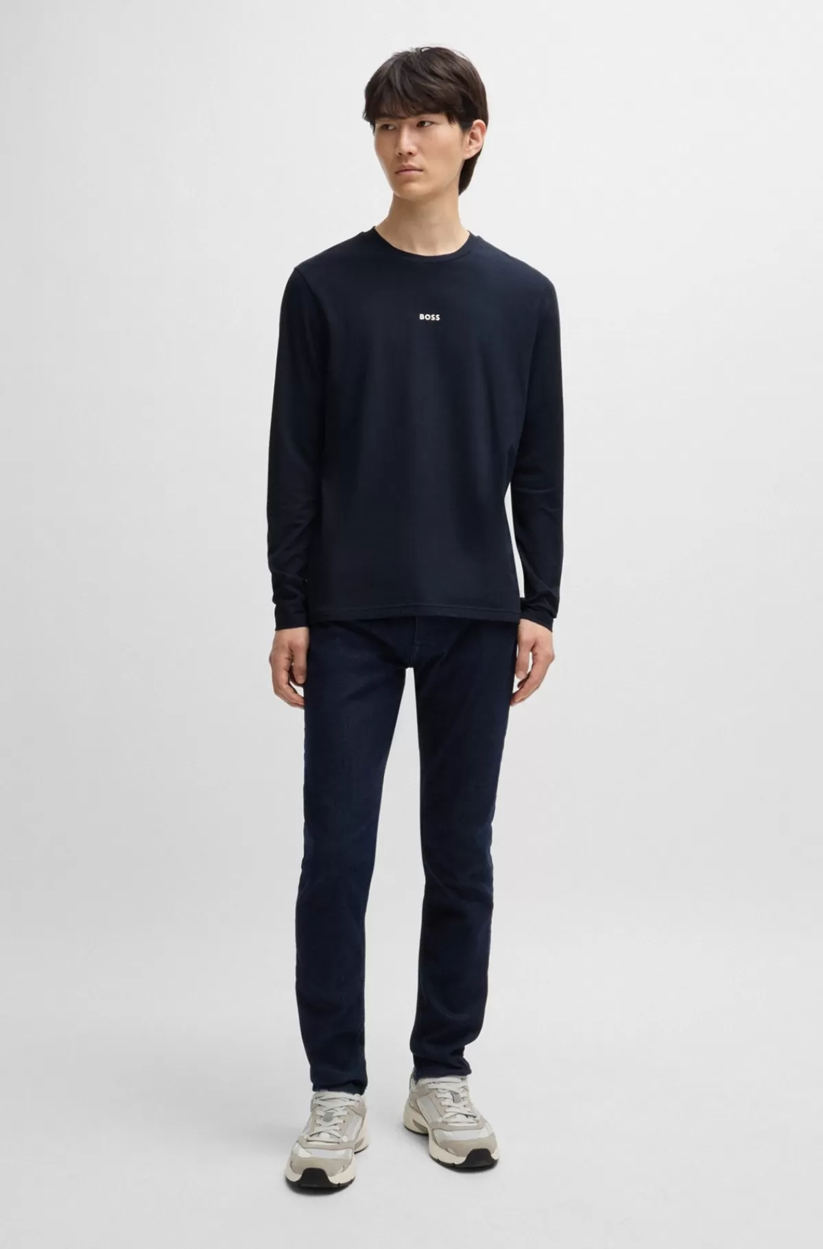 HUGO BOSS Regular Fit T-shirt I Bomuld Med Stræk Og Logo I Kontrastfarve Mørkeblå Cheap