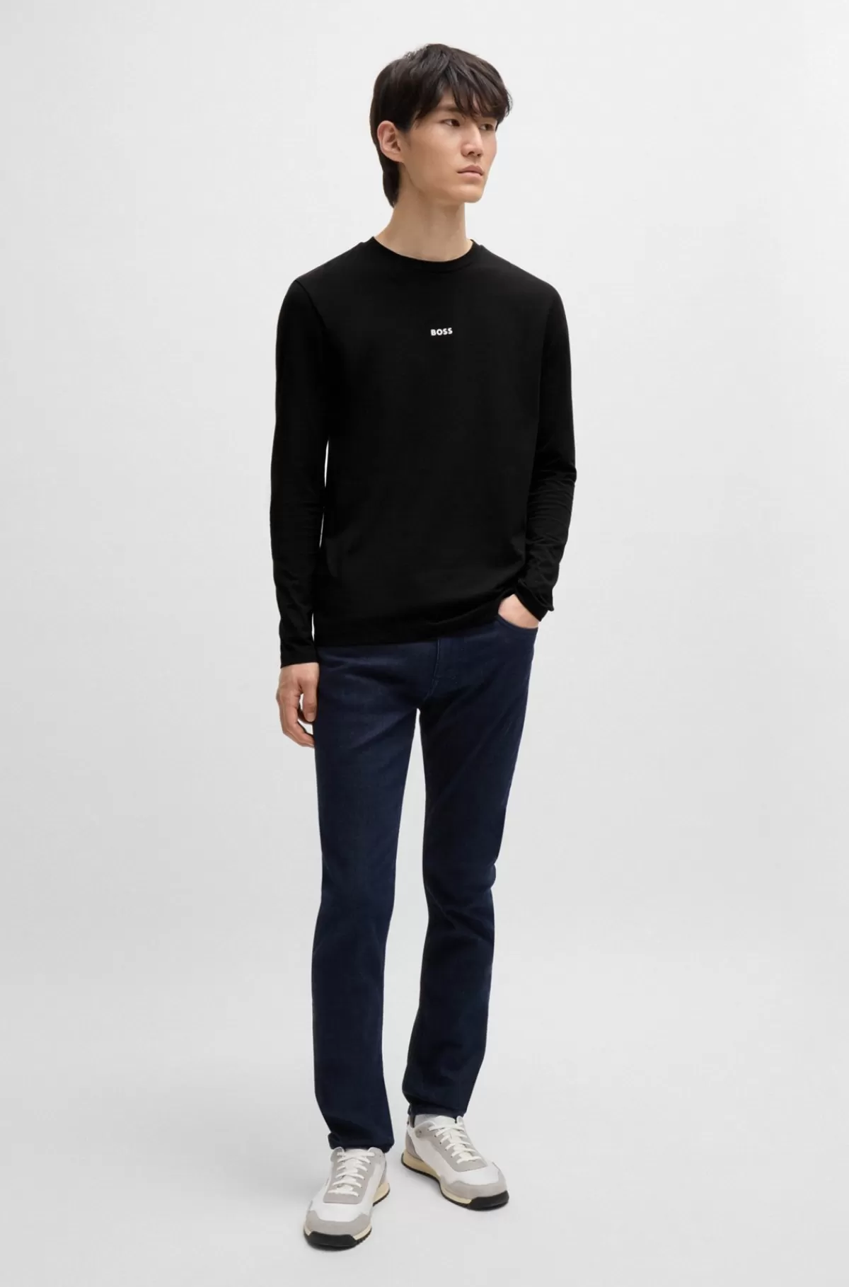 HUGO BOSS Regular Fit T-shirt I Bomuld Med Stræk Og Logo I Kontrastfarve Sort Store