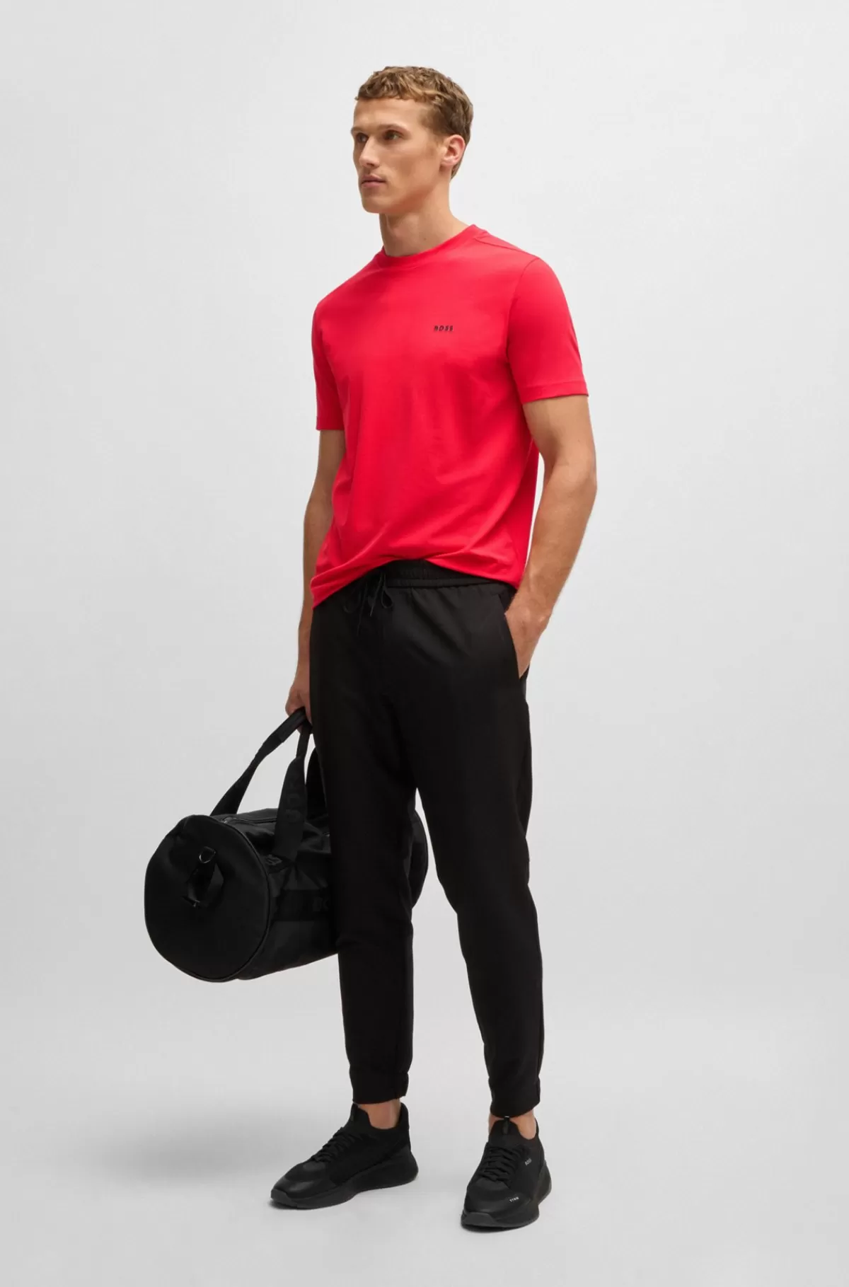 HUGO BOSS Regular Fit T-shirt I Bomuld Med Stræk Og Logo I Kontrastfarve Rød Outlet