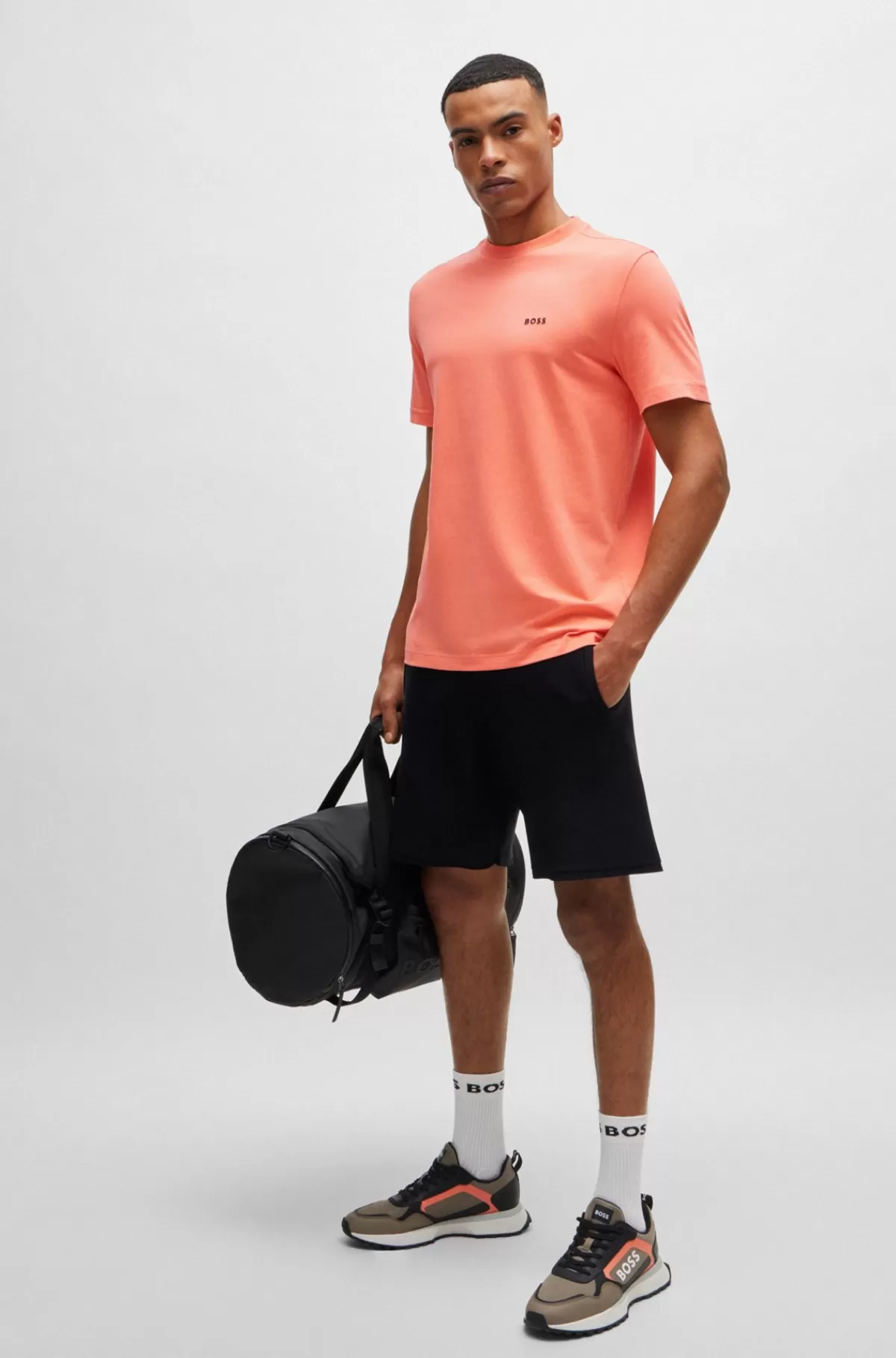 HUGO BOSS Regular Fit T-shirt I Bomuld Med Stræk Og Logo I Kontrastfarve Koralfarvet Hot