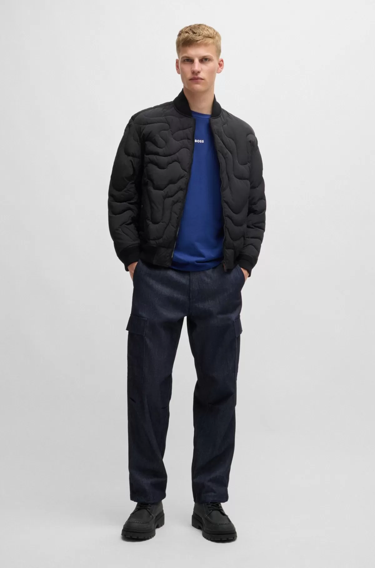 HUGO BOSS Regular Fit T-shirt I Bomuld Med Stræk Og Logo I Kontrastfarve Blå Best Sale