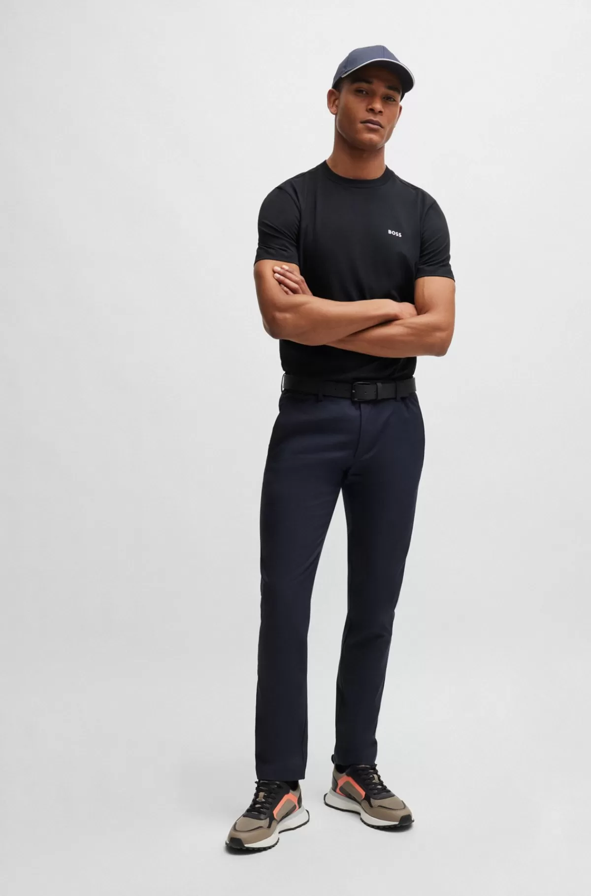 HUGO BOSS Regular Fit T-shirt I Bomuld Med Stræk Og Logo I Kontrastfarve Mørkeblå Cheap