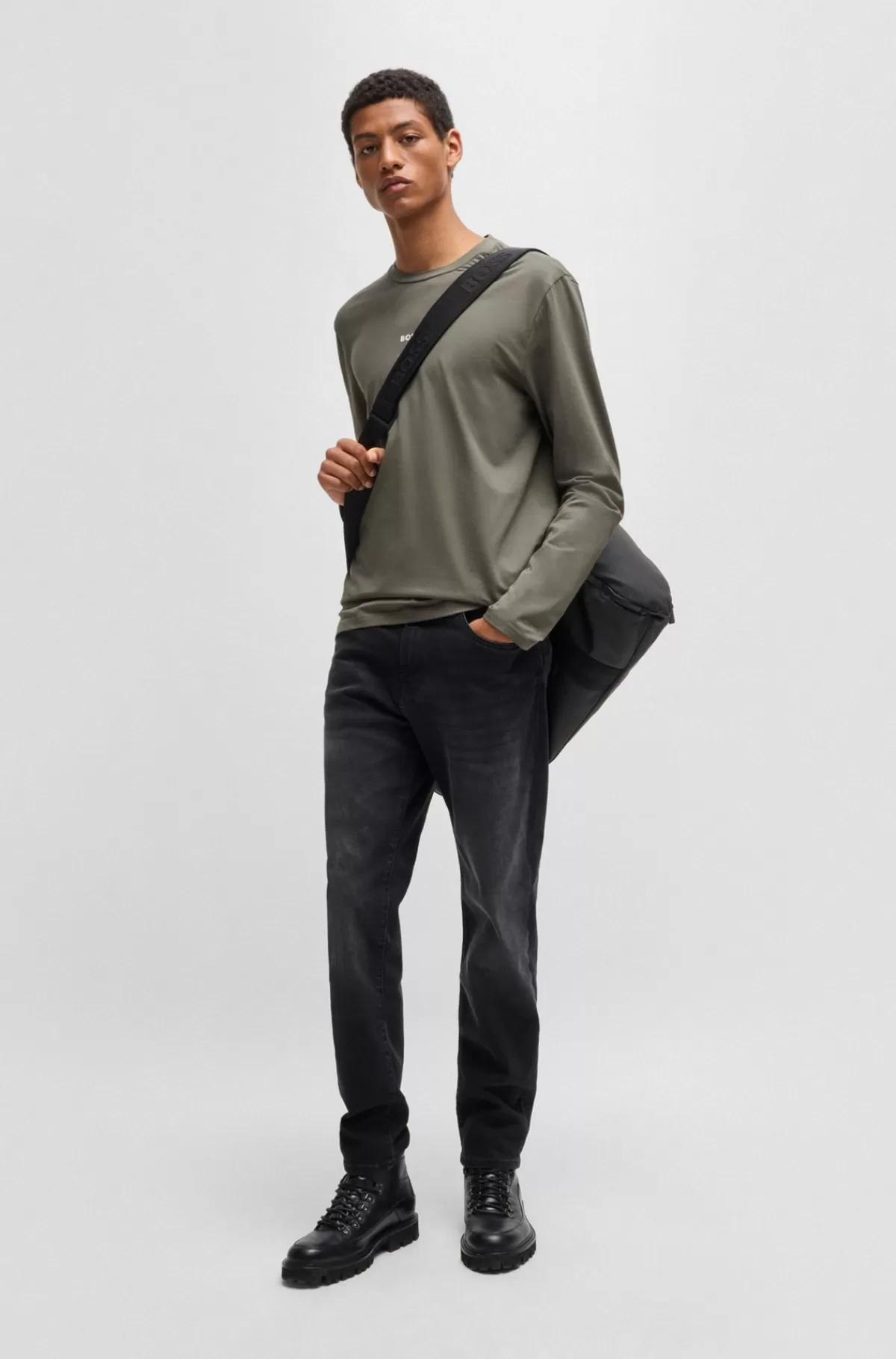HUGO BOSS Regular Fit T-shirt I Bomuld Med Stræk Og Logo I Kontrastfarve Mørkegrå Cheap