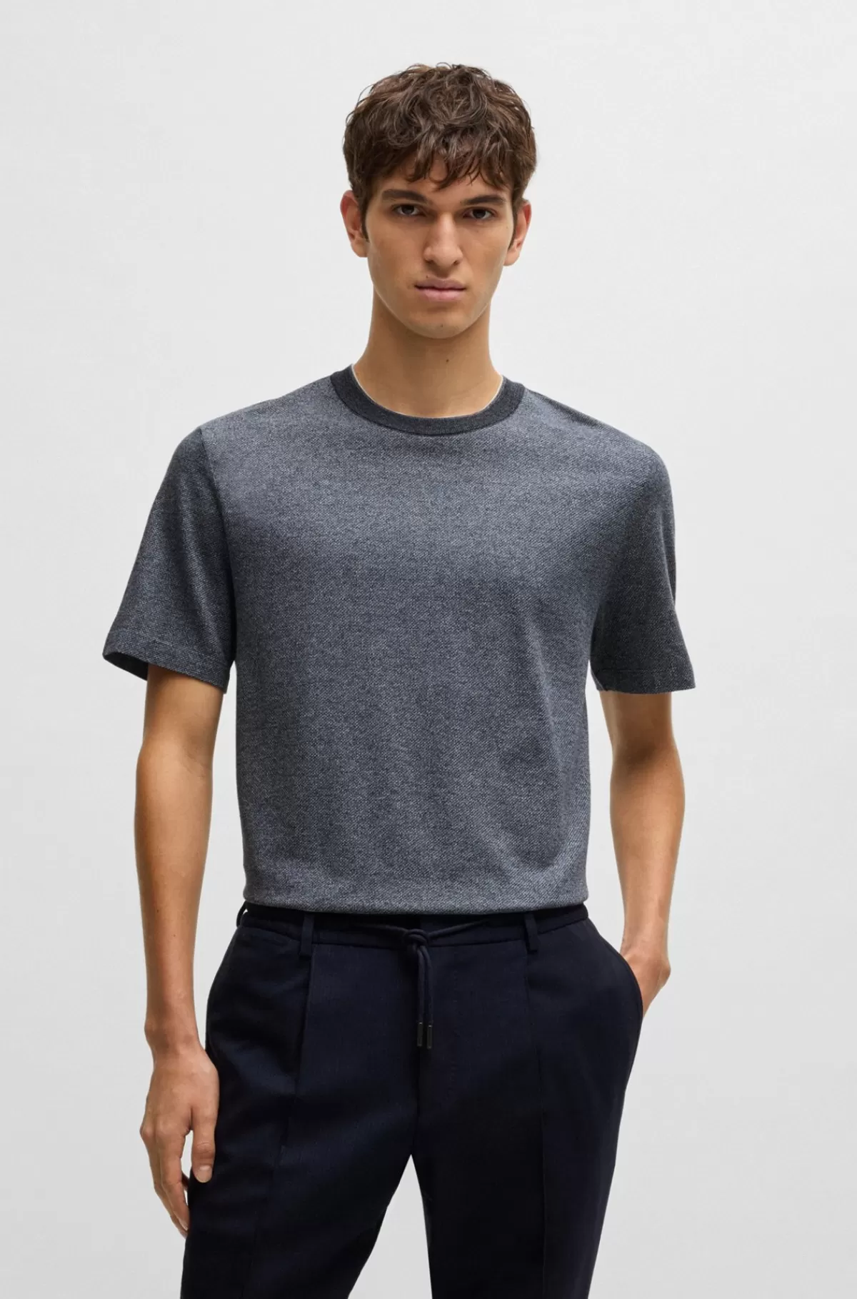 HUGO BOSS Regular Fit T-shirt I Bomuld Og Silke Mørkeblå Best Sale