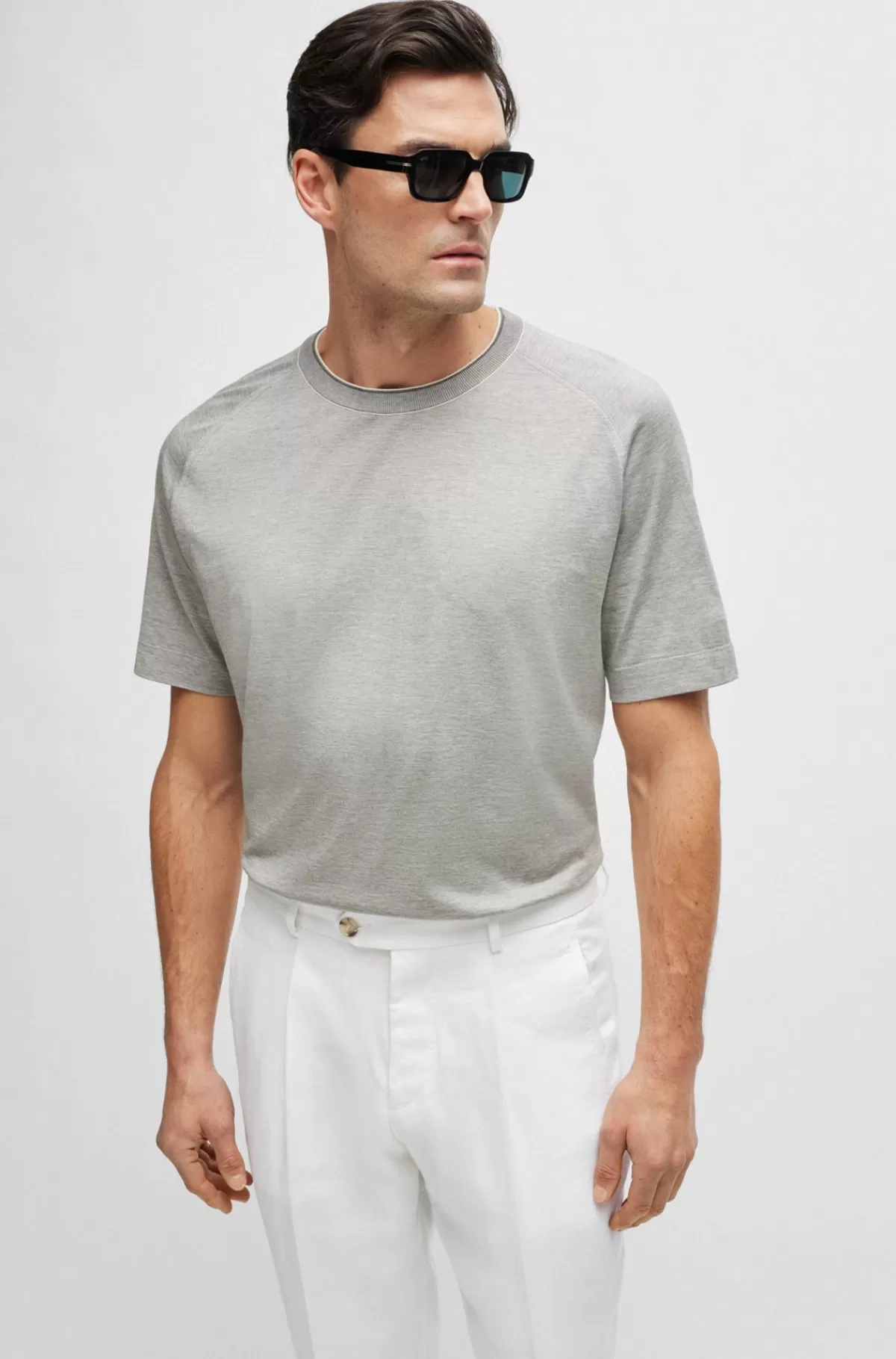 HUGO BOSS Regular Fit T-shirt I Bomuld Og Silke Lysegrå Online
