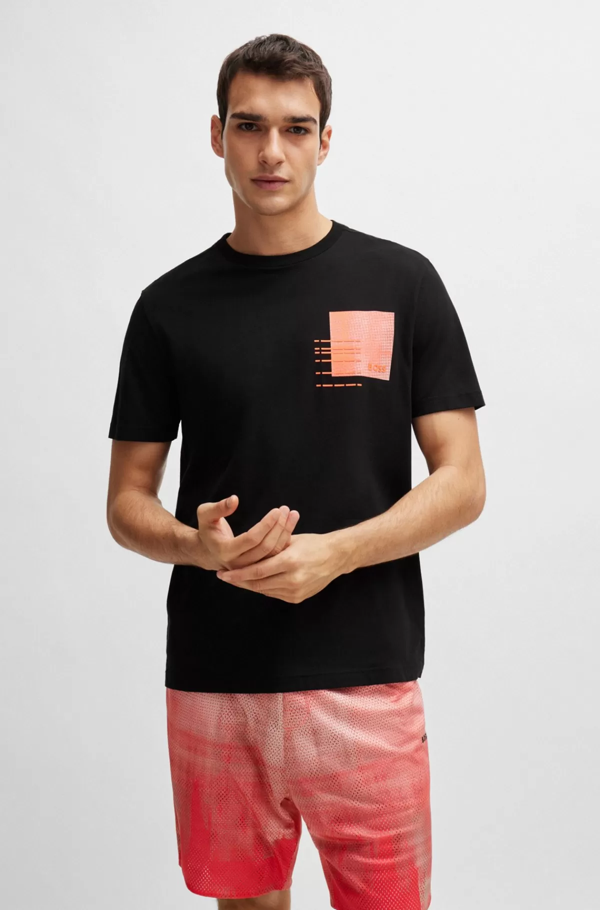 HUGO BOSS Regular Fit T-shirt I Bomuldsblanding Med Sæsonens Grafik Sort Online