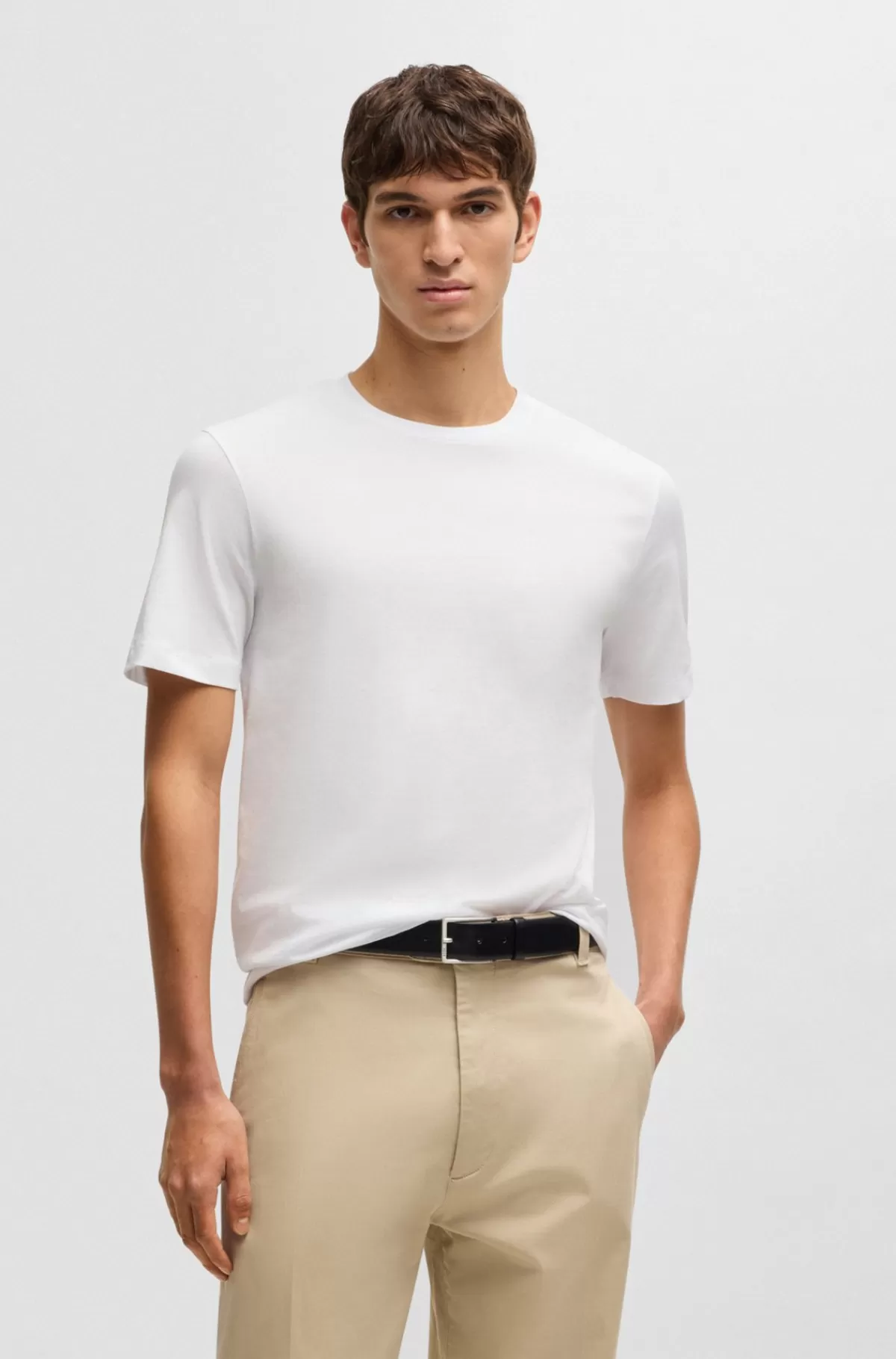 HUGO BOSS Regular Fit T-shirt I Bomuldsjersey Med Ribkrave Hvid Store