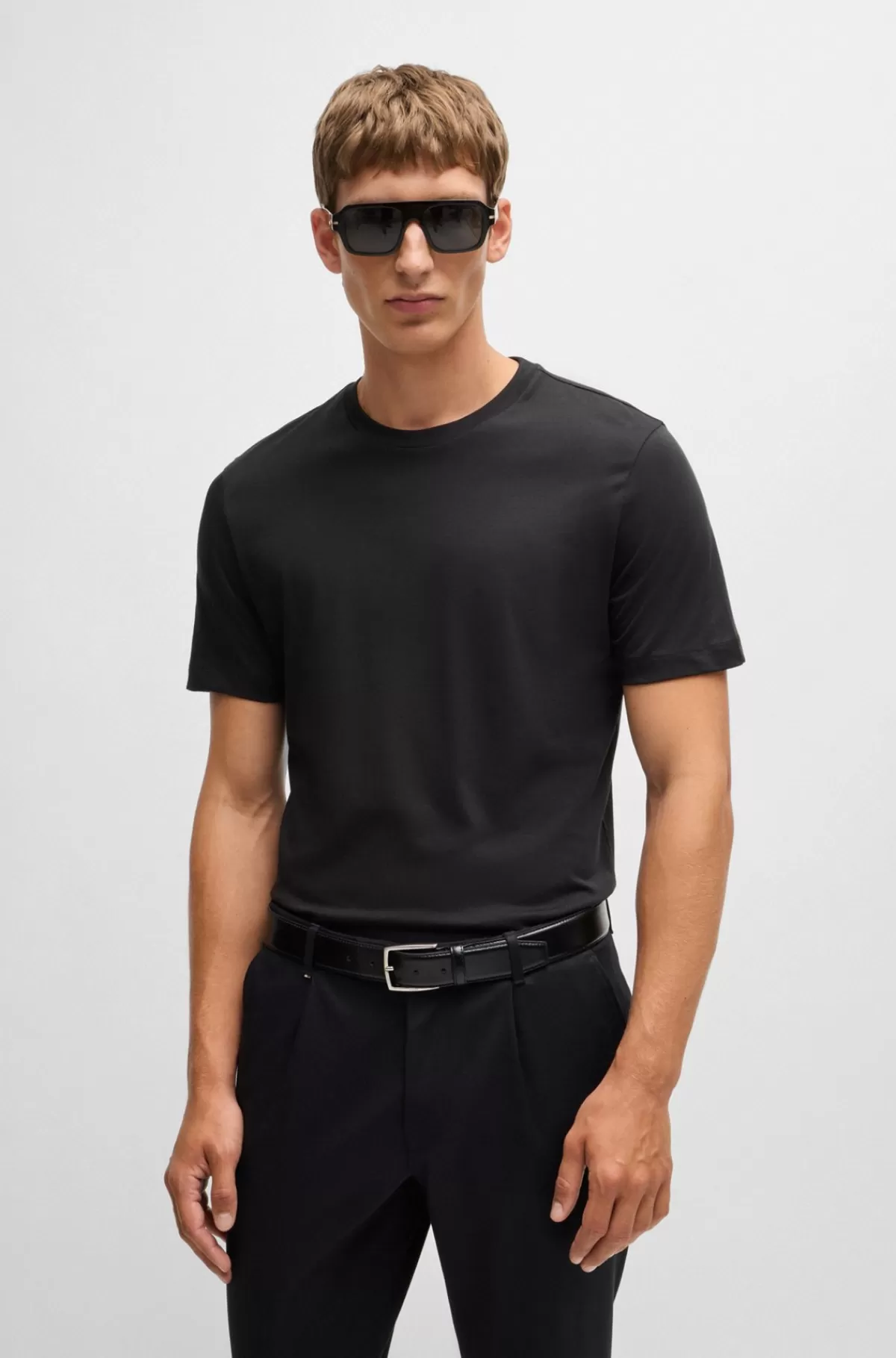 HUGO BOSS Regular Fit T-shirt I Bomuldsjersey Med Ribkrave Sort Best Sale