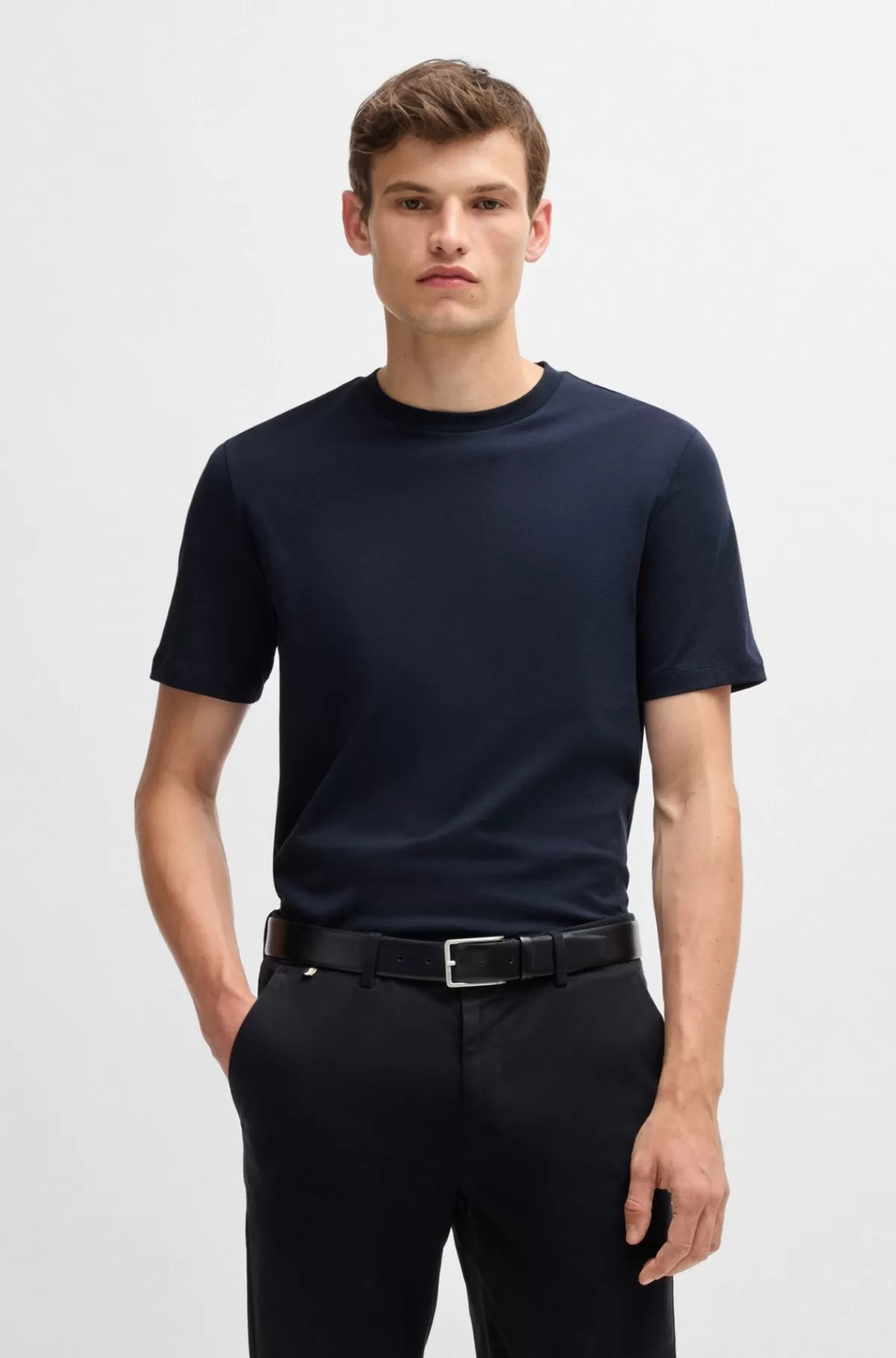 HUGO BOSS Regular Fit T-shirt I Bomuldsjersey Med Ribkrave Mørkeblå Online