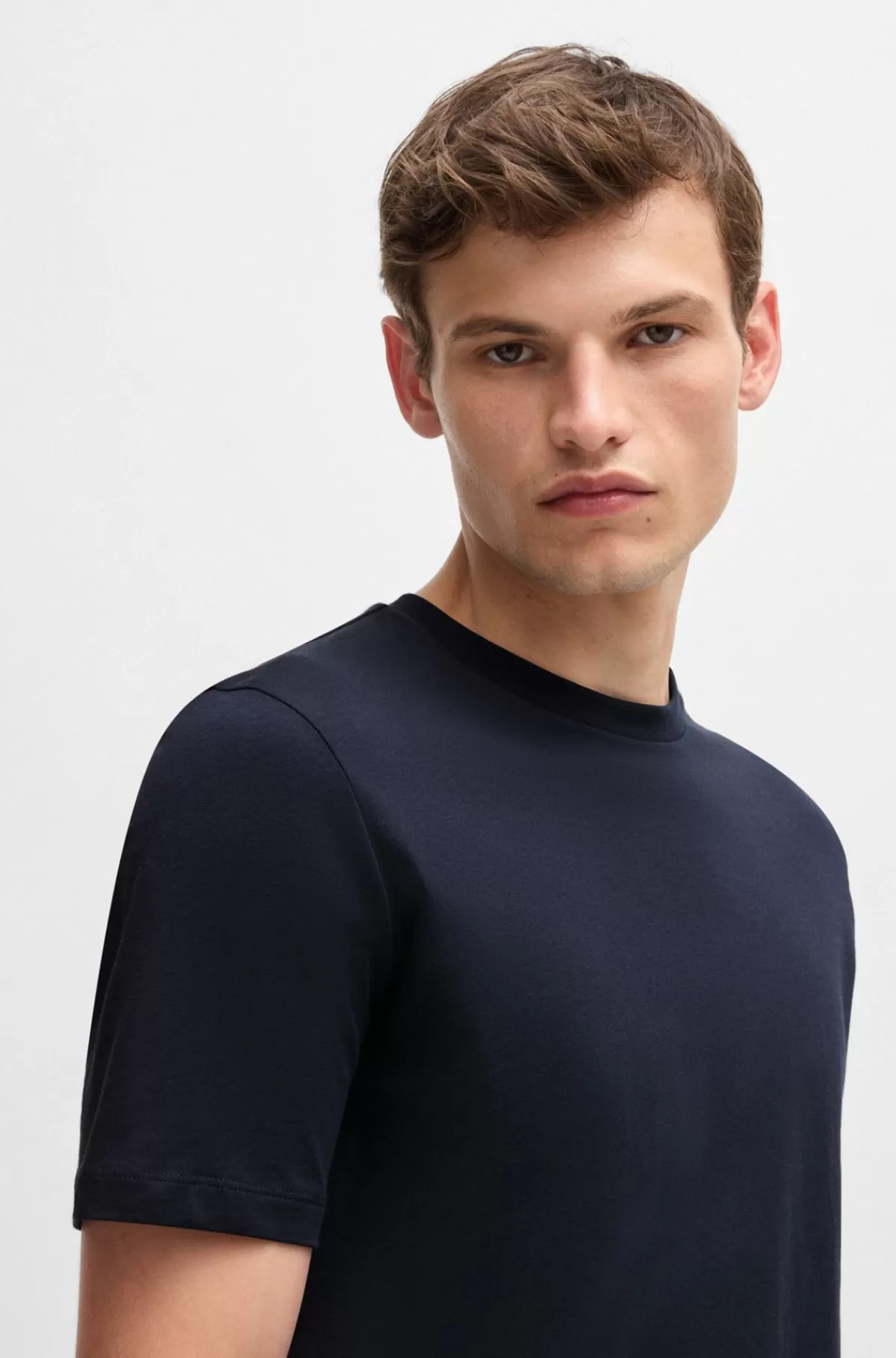 HUGO BOSS Regular Fit T-shirt I Bomuldsjersey Med Ribkrave Mørkeblå Online