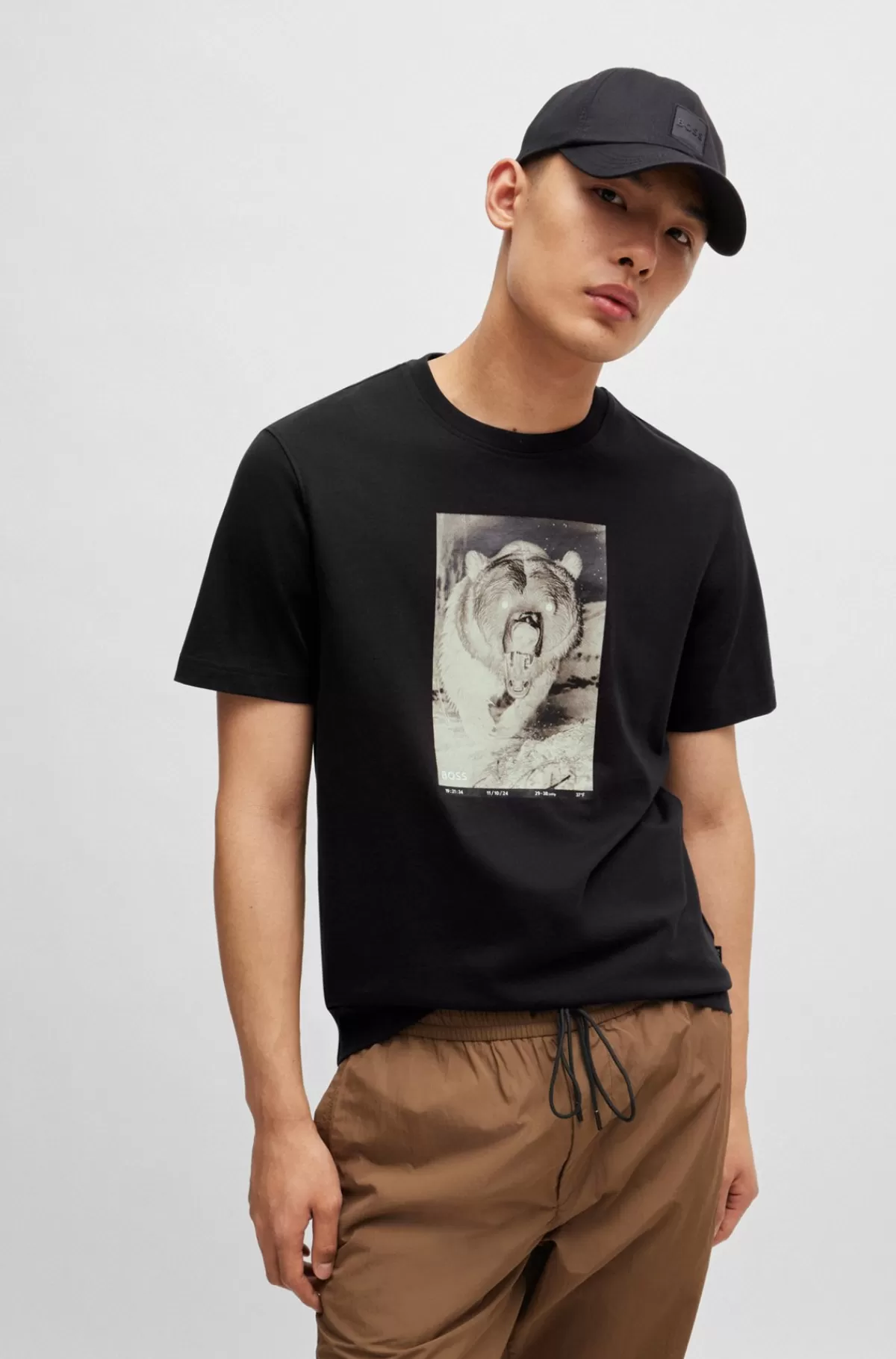 HUGO BOSS Regular Fit T-shirt I Bomuldsjersey Med Sæsonbetonet Tryk Sort Fashion