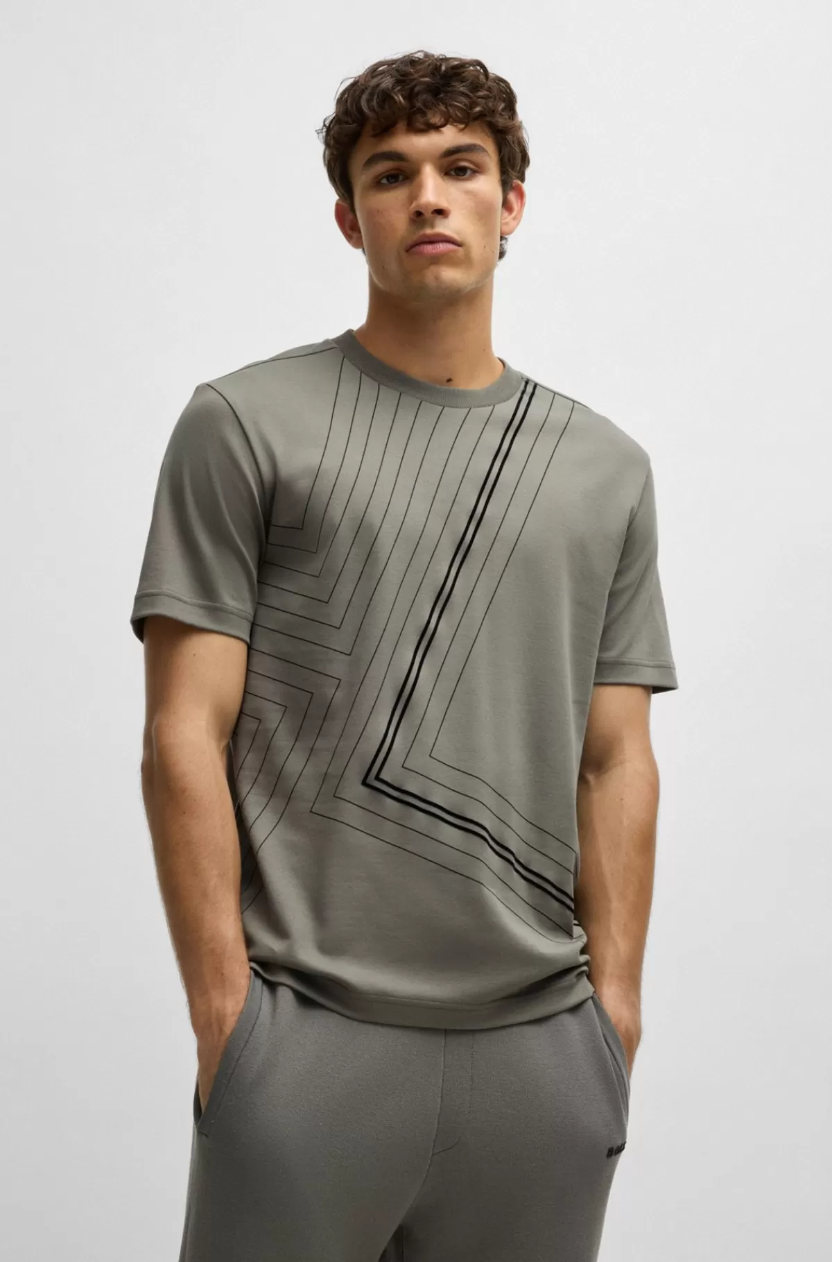 HUGO BOSS Regular Fit T-shirt I Interlockbomuld Med Tynde Grafiske Linjer Grå Cheap