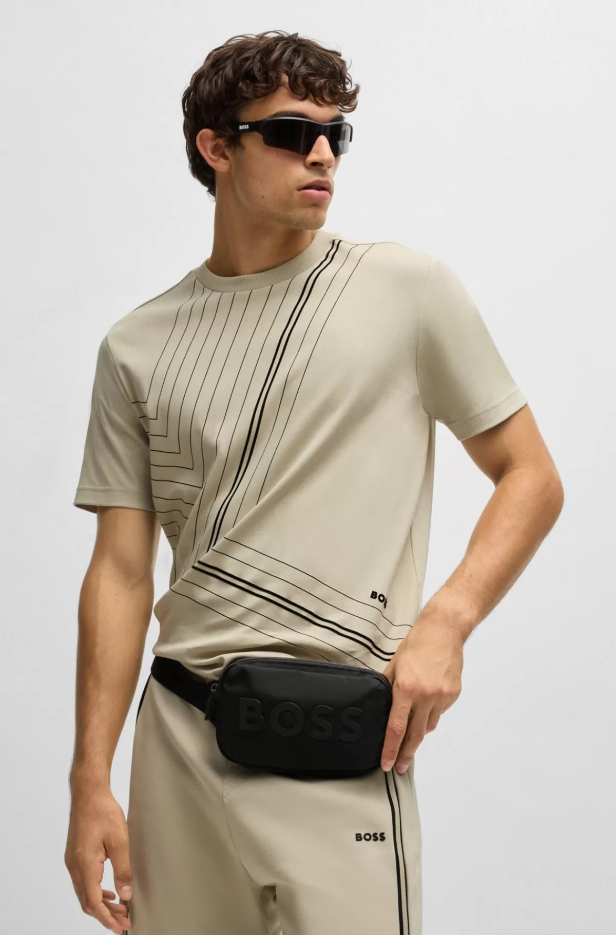 HUGO BOSS Regular Fit T-shirt I Interlockbomuld Med Tynde Grafiske Linjer Lys beige Flash Sale
