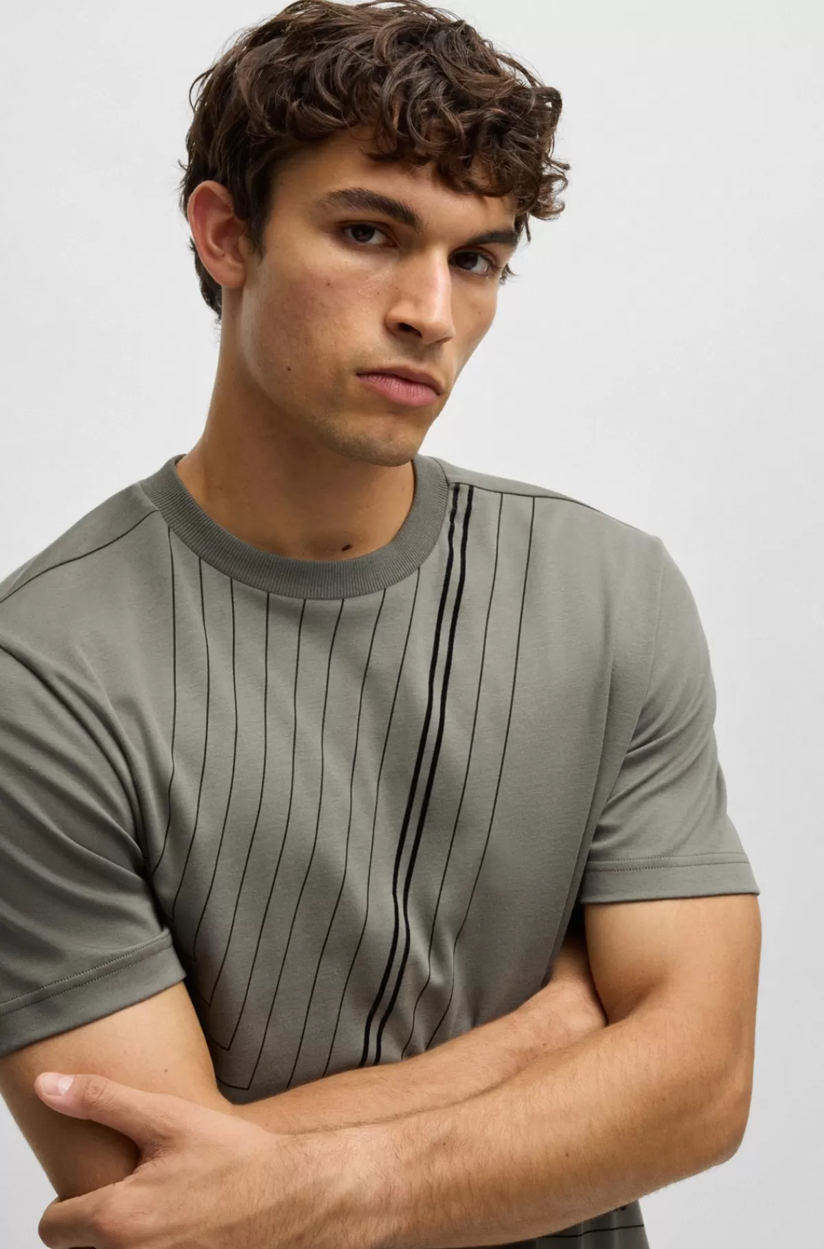 HUGO BOSS Regular Fit T-shirt I Interlockbomuld Med Tynde Grafiske Linjer Grå Cheap