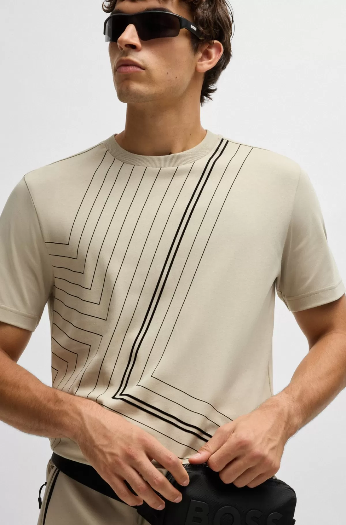 HUGO BOSS Regular Fit T-shirt I Interlockbomuld Med Tynde Grafiske Linjer Lys beige Flash Sale