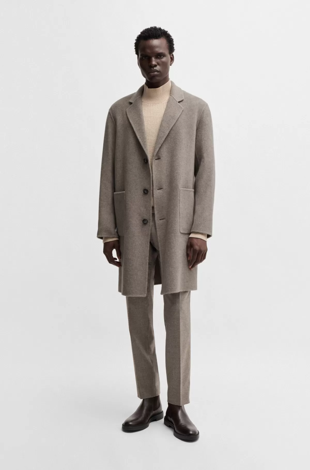 HUGO BOSS Relaxed Fit Frakke I Uldblanding Med Mikromønster Beige Fashion