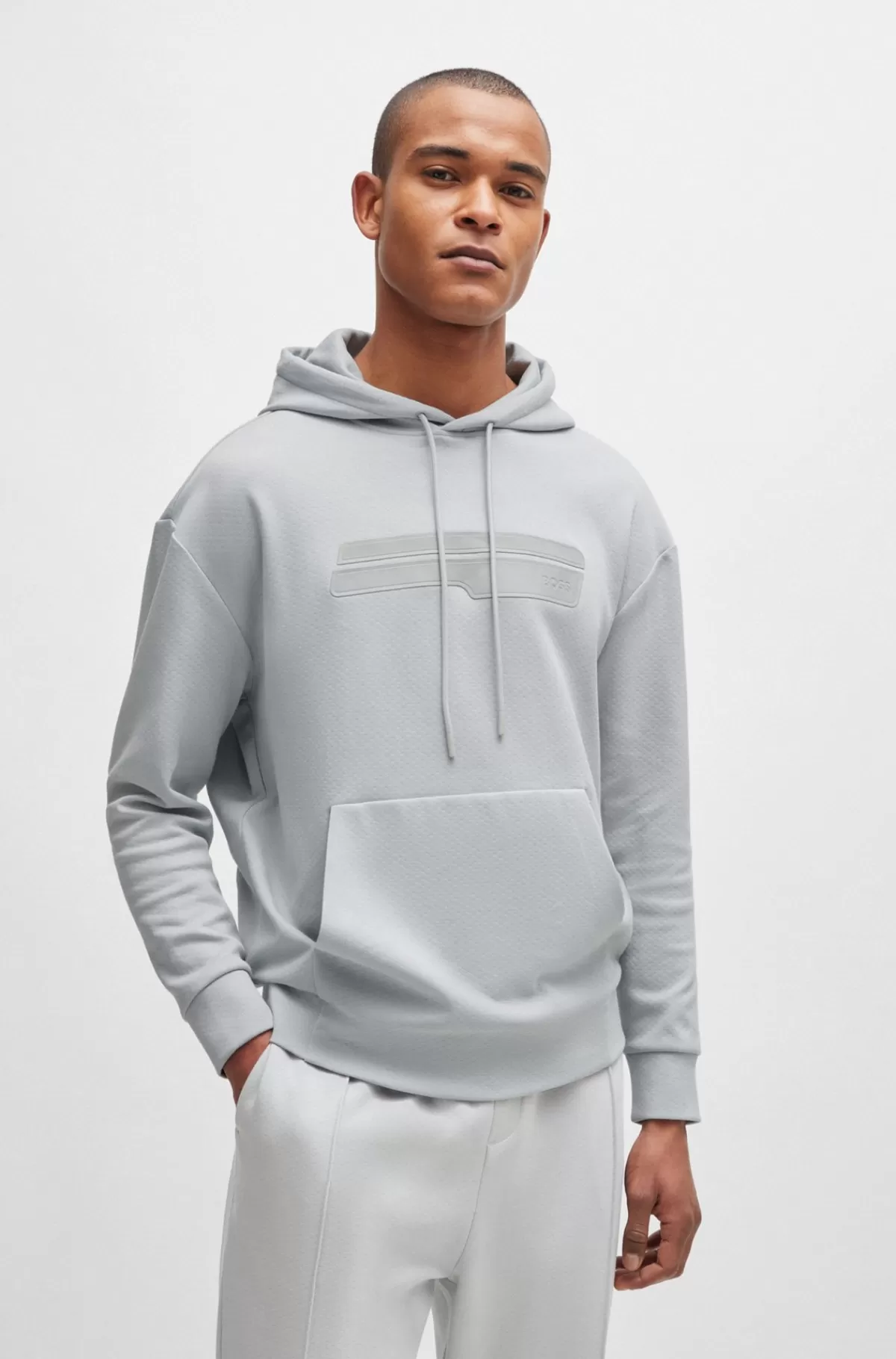 HUGO BOSS Relaxed Fit Hættetrøje I Bomuldsblanding Med Logografik Lysegrå Best Sale