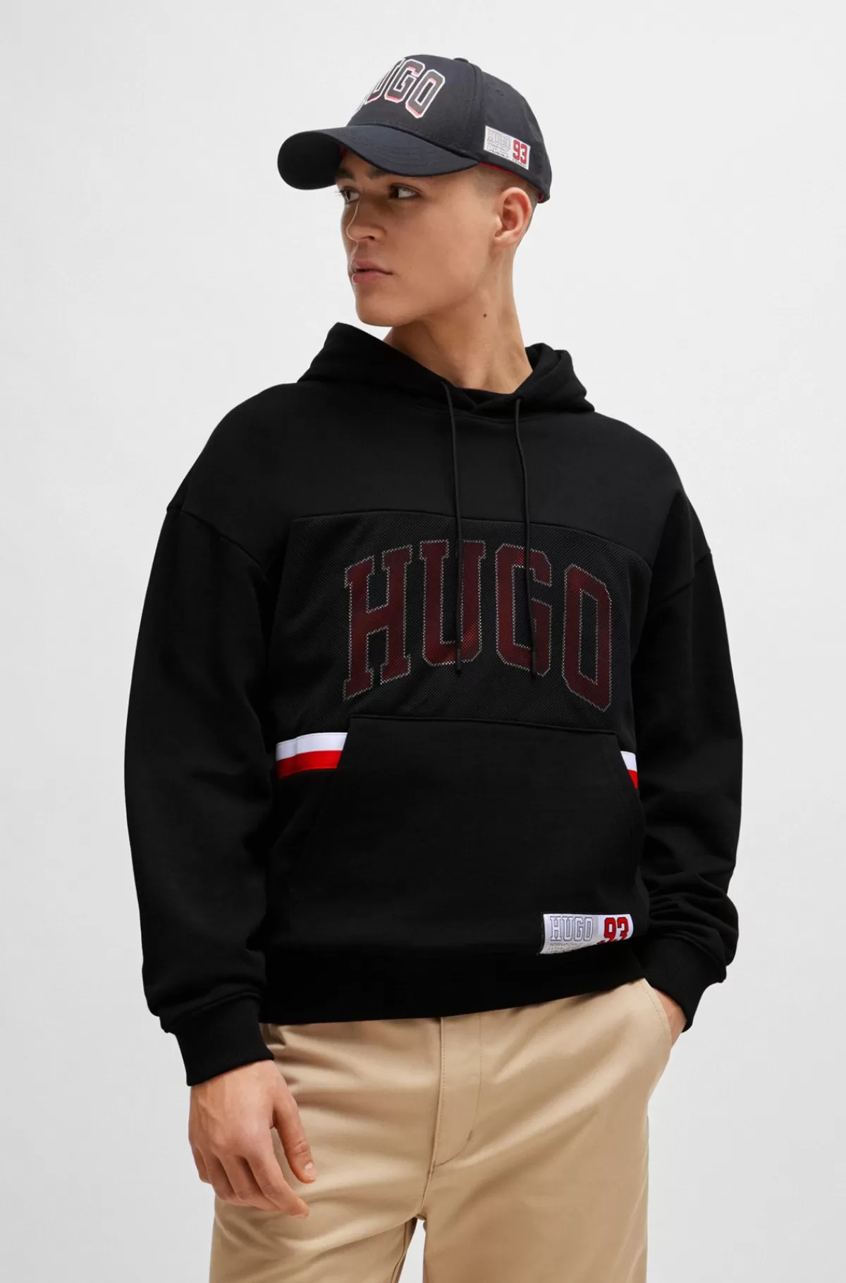 HUGO BOSS Relaxed Fit Hættetrøje I Bomuldsfrotté Med Sporty Logo Sort Discount