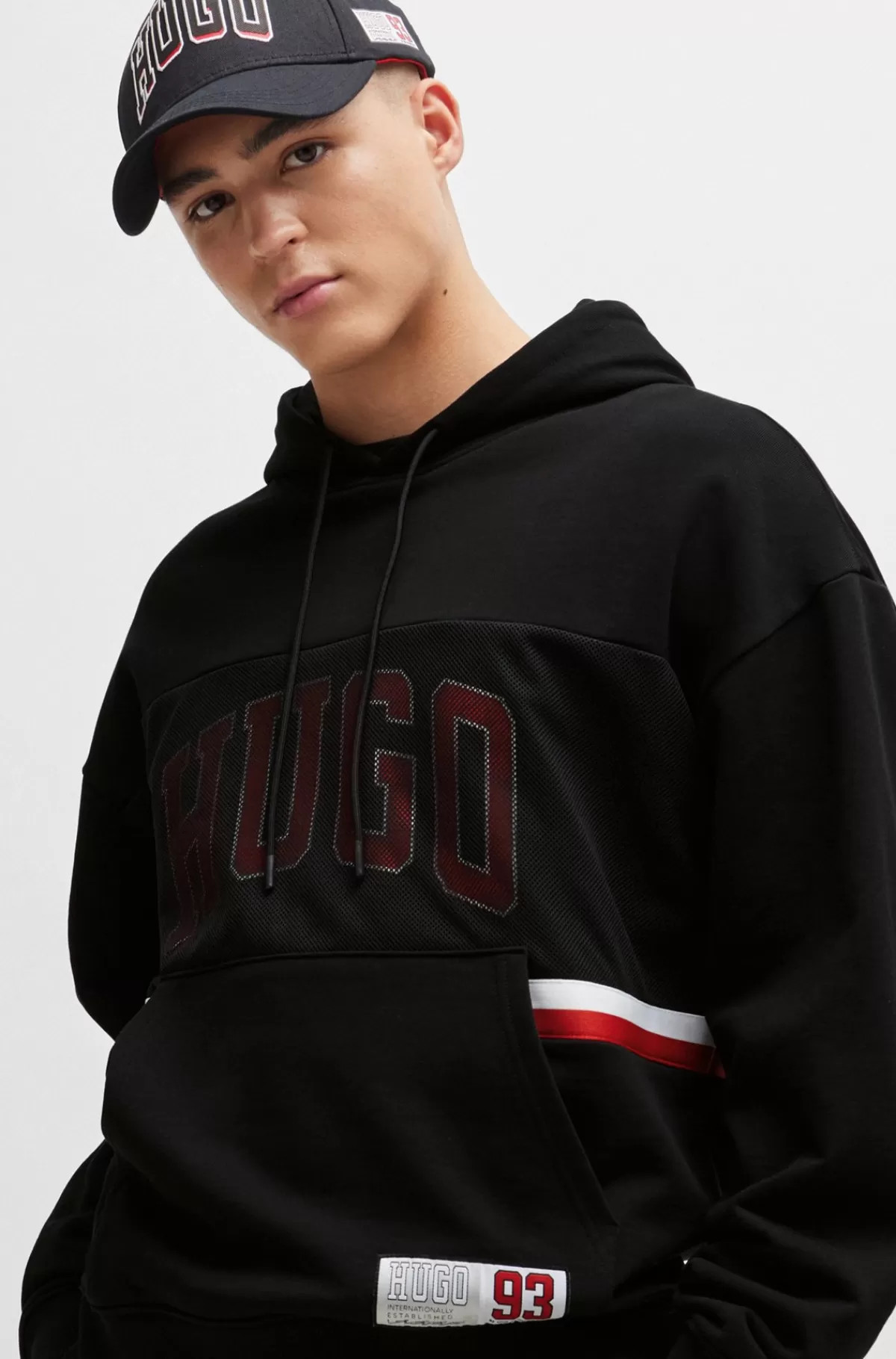 HUGO BOSS Relaxed Fit Hættetrøje I Bomuldsfrotté Med Sporty Logo Sort Discount