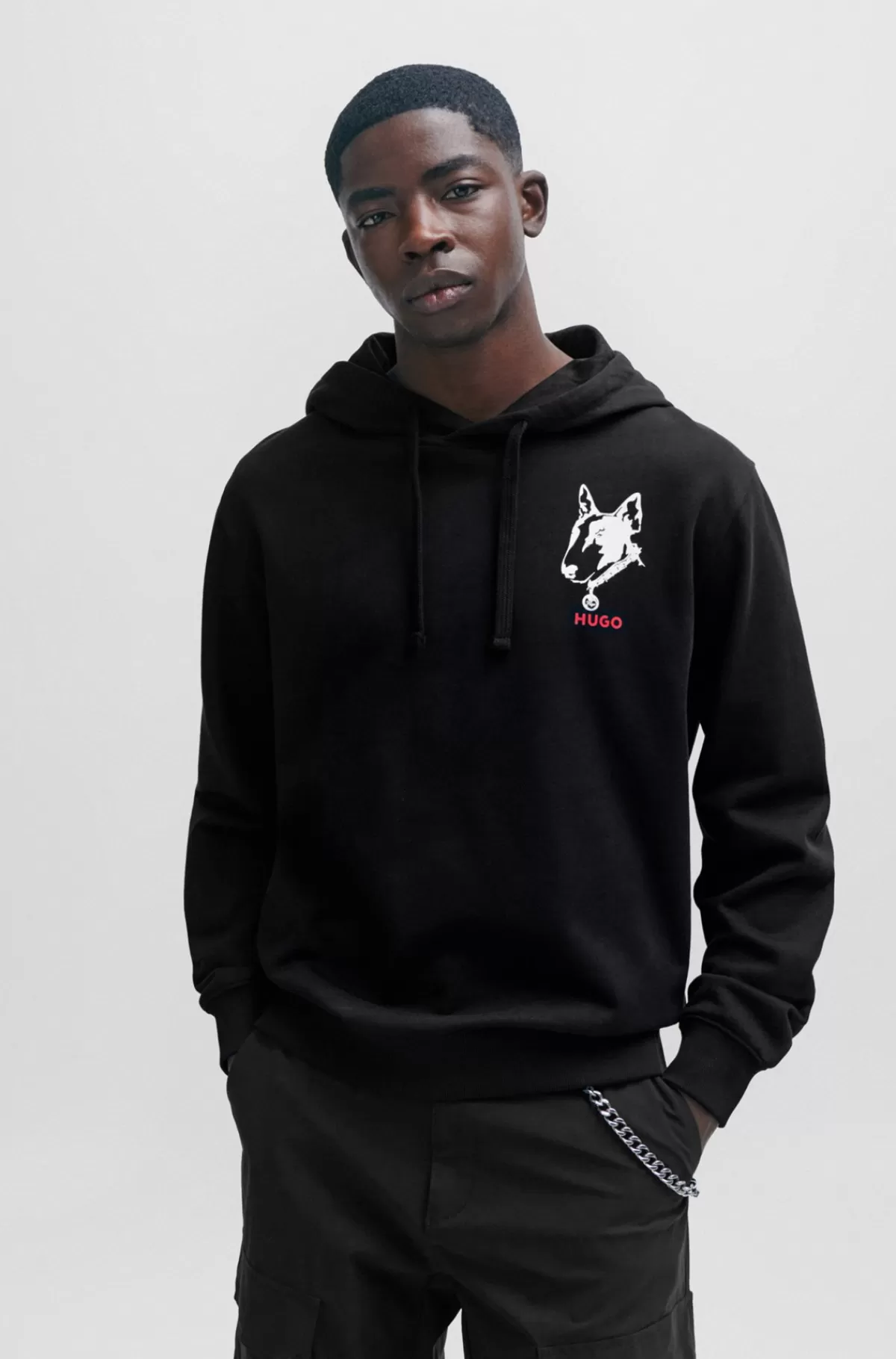 HUGO BOSS Relaxed Fit Hættetrøje I Fransk Frotté Med Grafik Med Hunde Sort Clearance