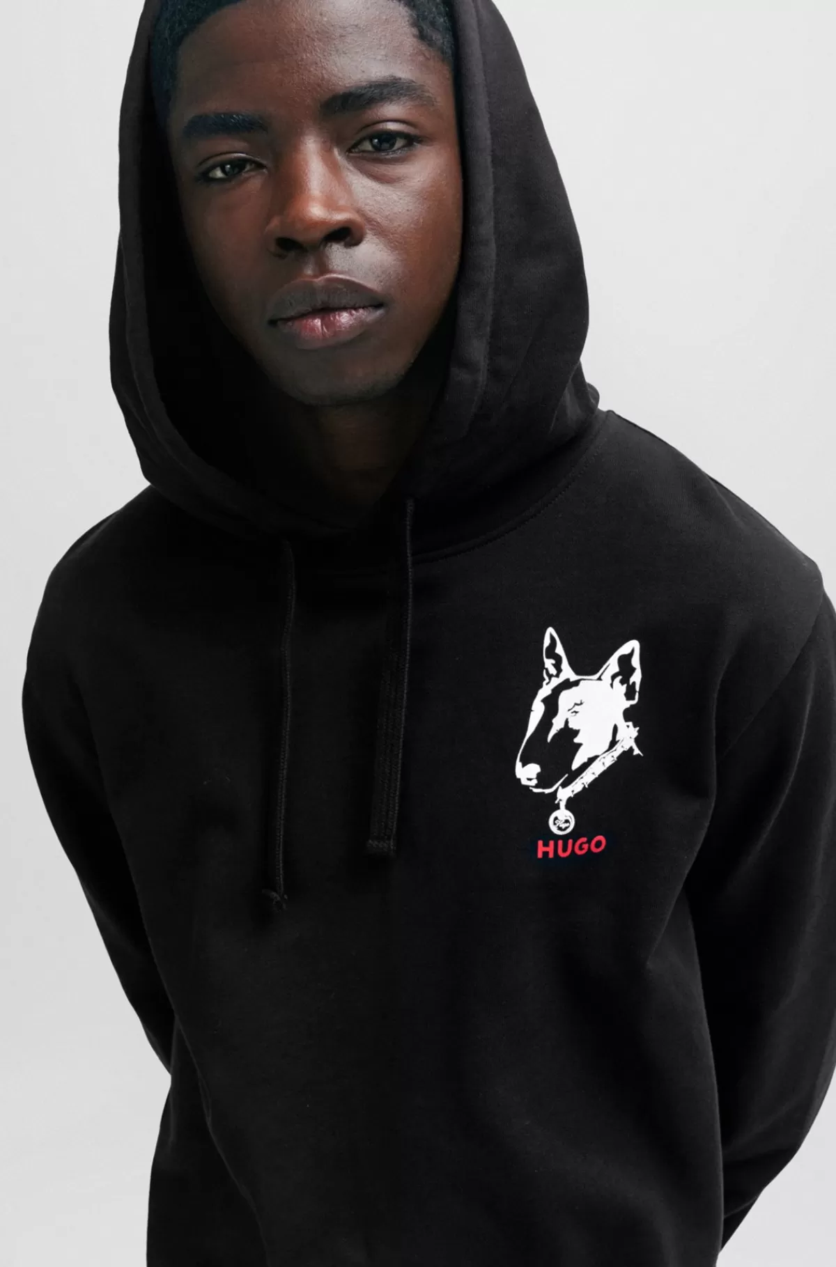 HUGO BOSS Relaxed Fit Hættetrøje I Fransk Frotté Med Grafik Med Hunde Sort Clearance