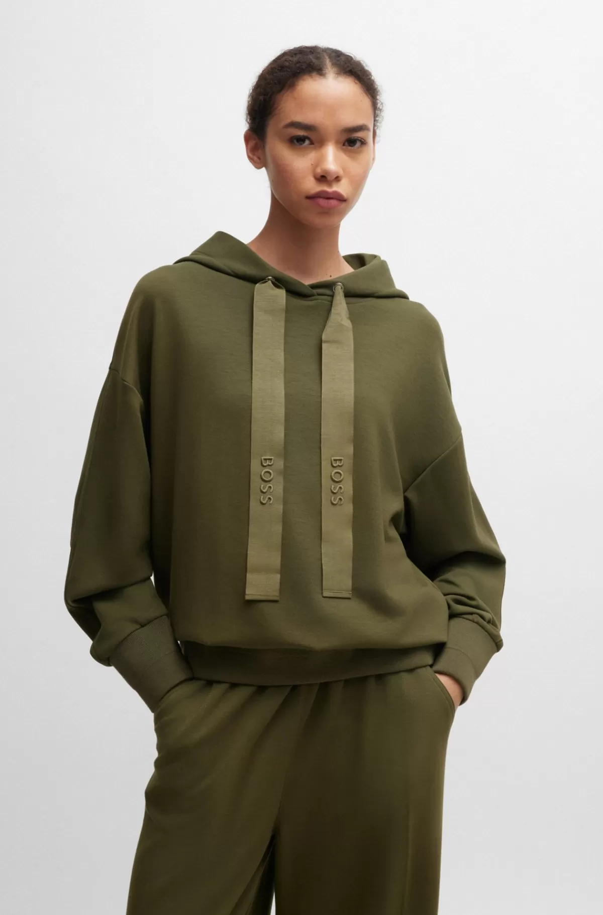 HUGO BOSS Relaxed Fit Hættetrøje Og Grosgrainbånd Med Logobroderi Mørkegrøn Flash Sale