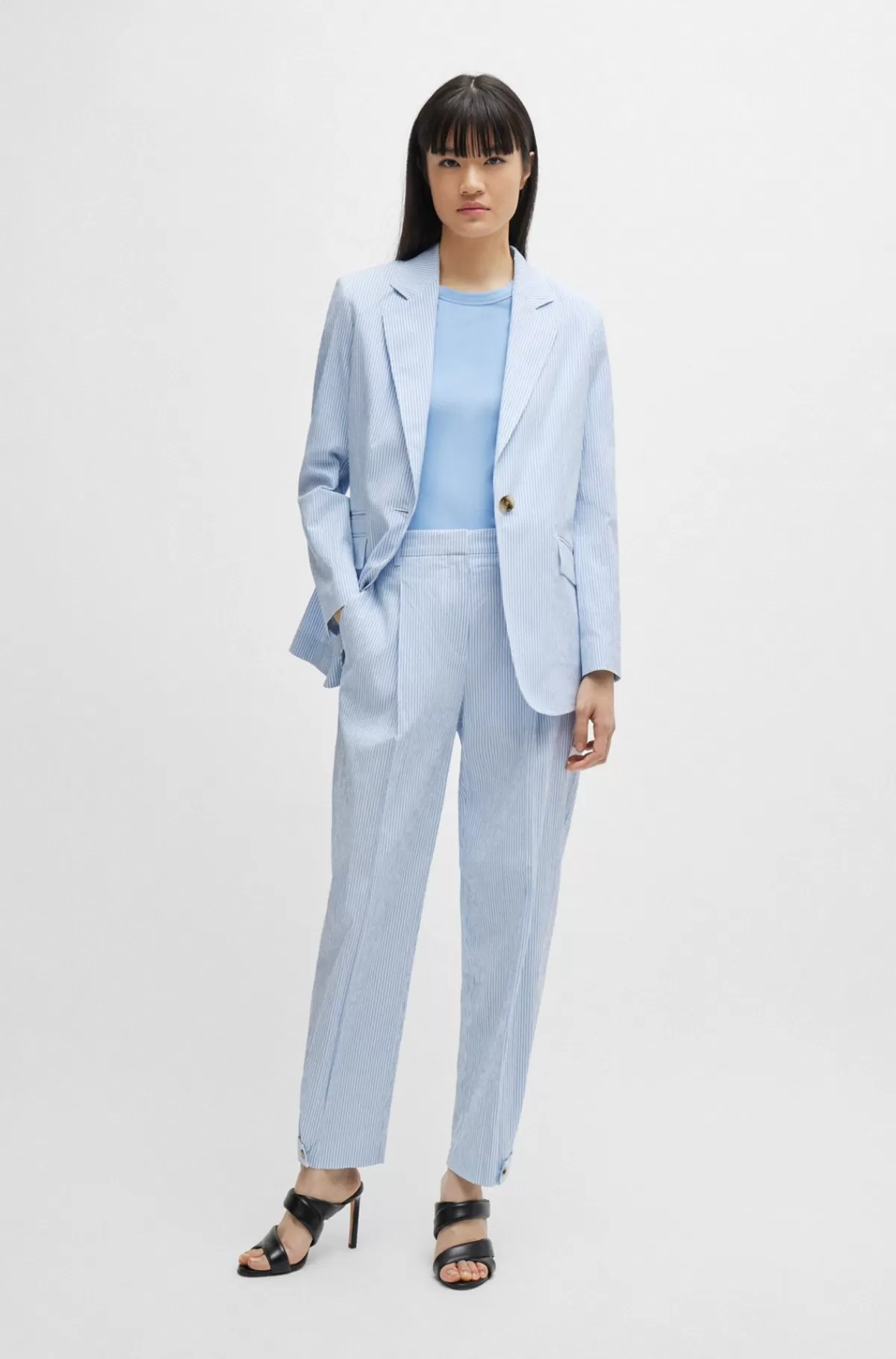 HUGO BOSS Relaxed Fit Jakke I Stribet Bomuld-seersucker Med Stræk Lyseblå Shop
