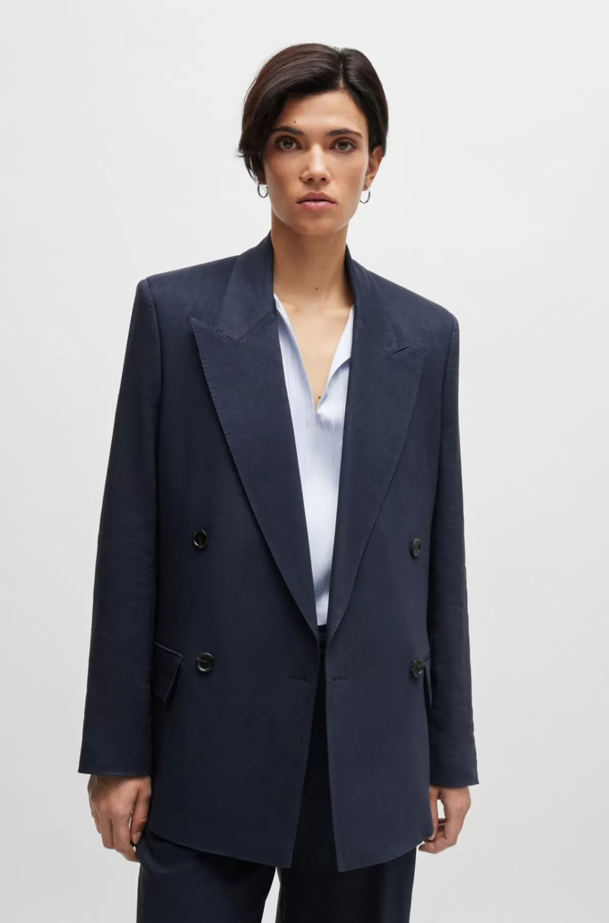 HUGO BOSS Relaxed Fit Jakke I Uld, Hør Og Stræk Mørkeblå Sale
